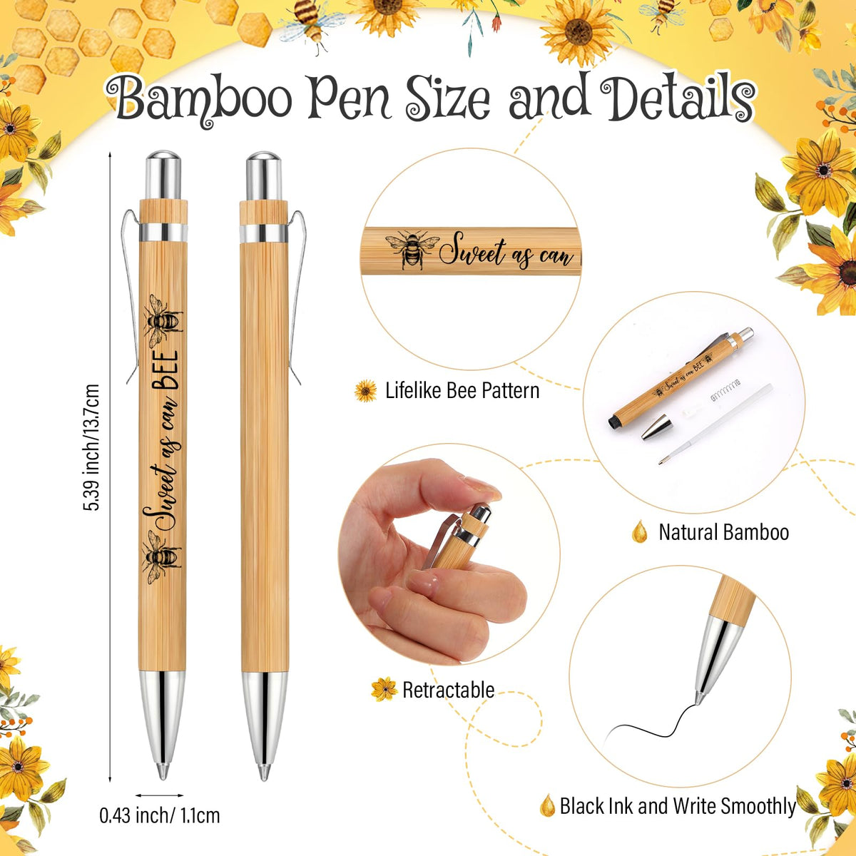 Spakon 50 Sets Bee Baby Shower Favors Bamboo Pens with Thank You Bookmarks