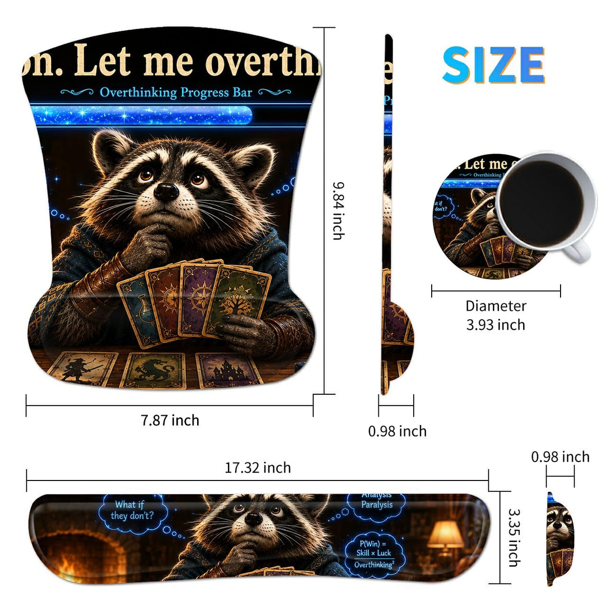 3-in-1 Ergonomic Memory Foam Keyboard Wrist Rest Pad Set, Raccoon