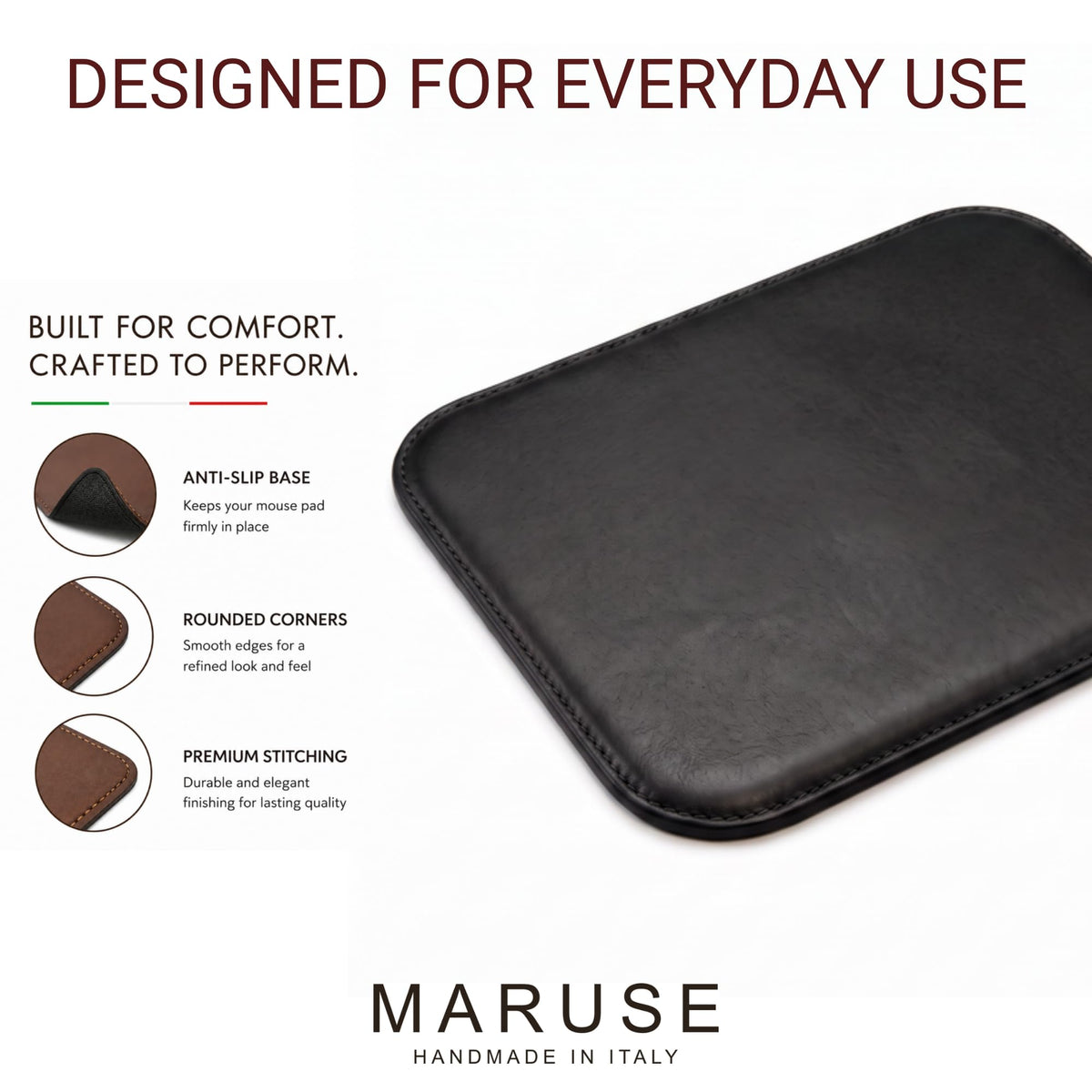 Maruse Italian Leather Mouse Pad for Home or Office Desktop, Handmade in Italy, Black