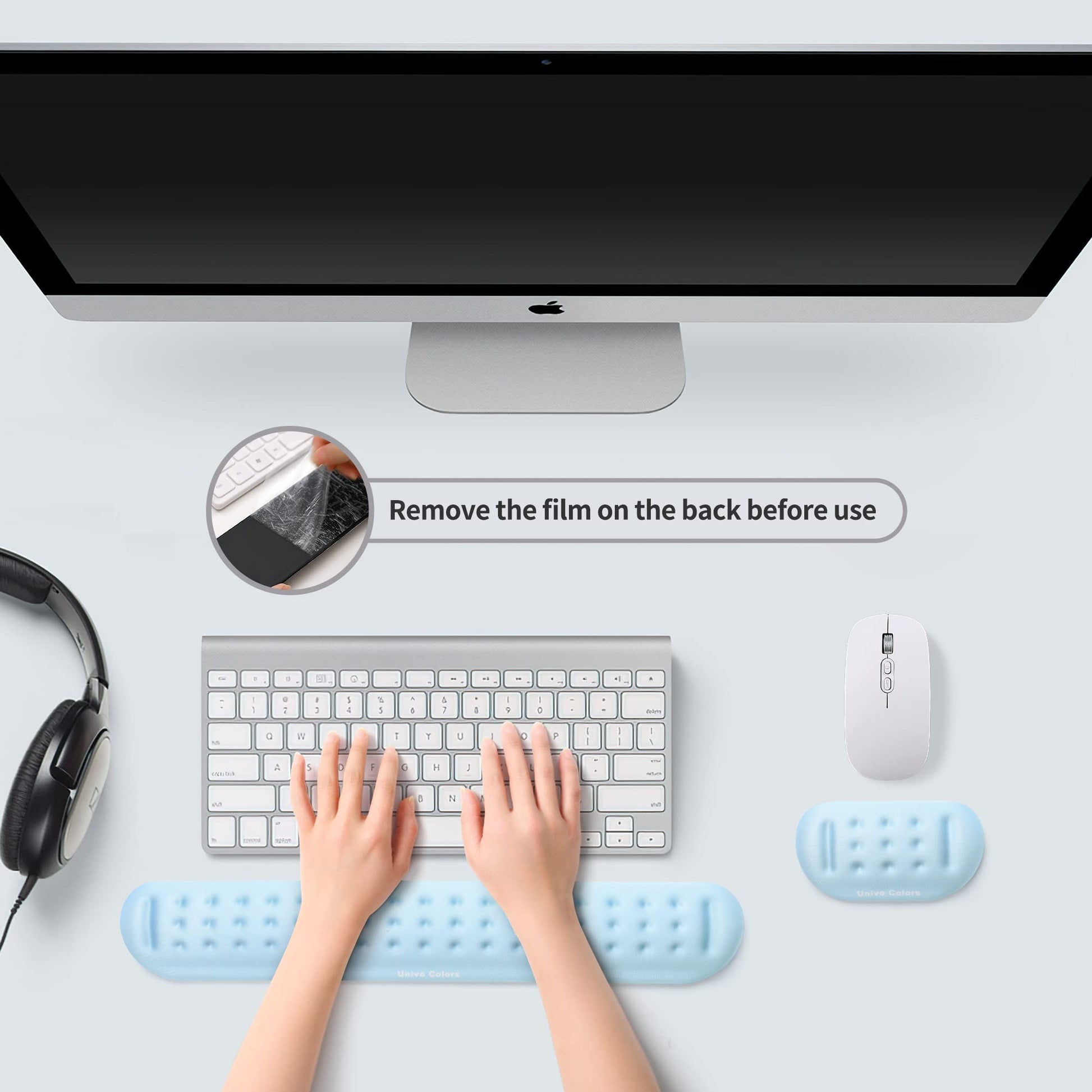 UnivoColors Light Blue Keyboard Wrist Support and Mouse Wrist Rest Set, Made of Memory Foam Soft