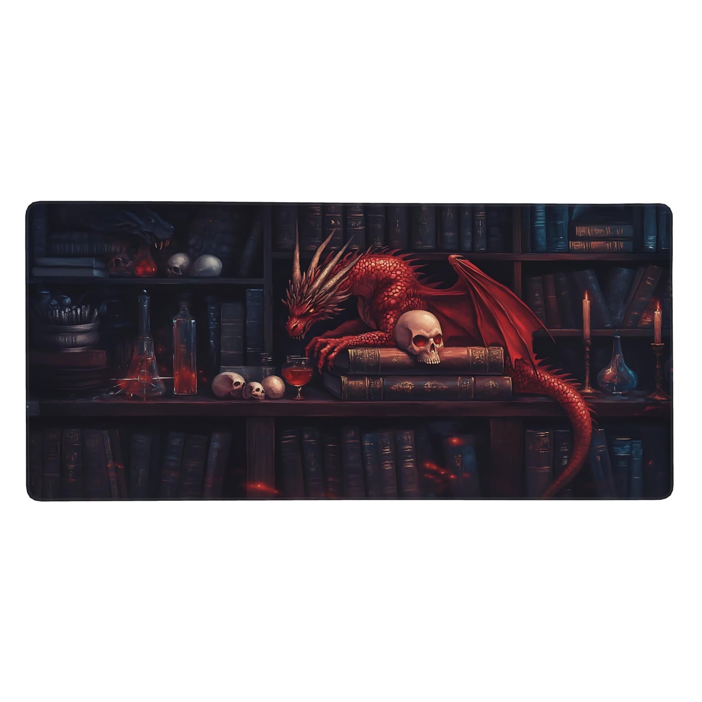 Aesthetic Dragon Gaming Mouse Pad, Ink Blue Red Mystical Desk Mat with Anti-Slip Base & Stitched