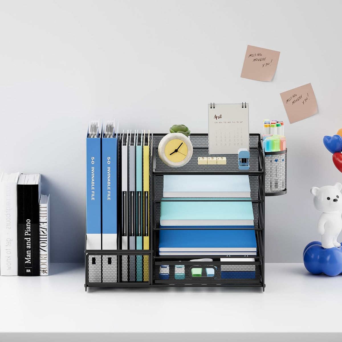 Lavatino Desk Organizer with File Holder, 5-Tier Paper Letter Tray Organizer with Sliding Drawer
