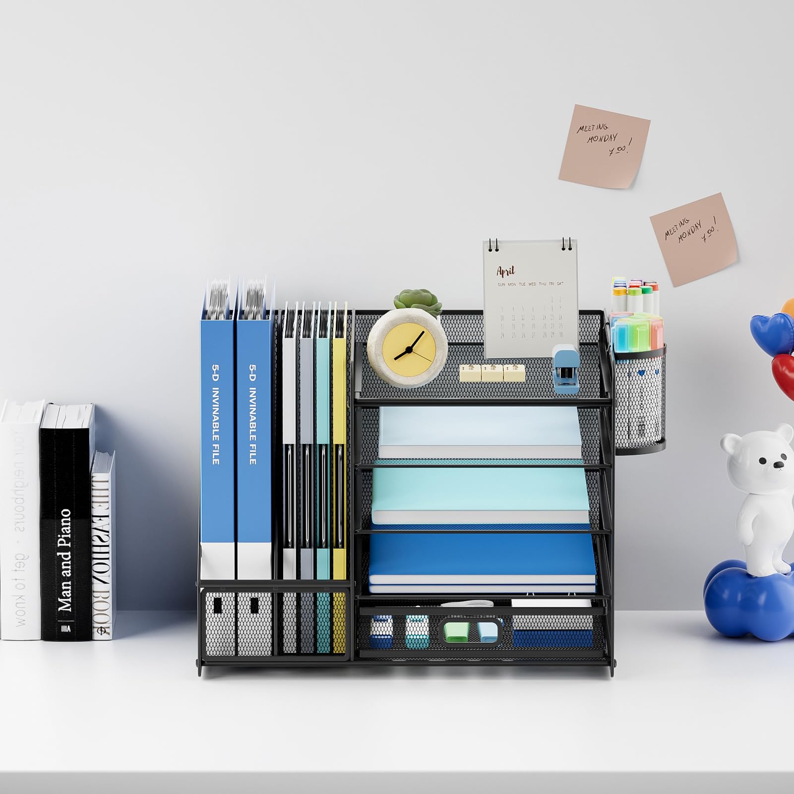 Lavatino Desk Organizer with File Holder, 5-Tier Paper Letter Tray Organizer with Sliding Drawer