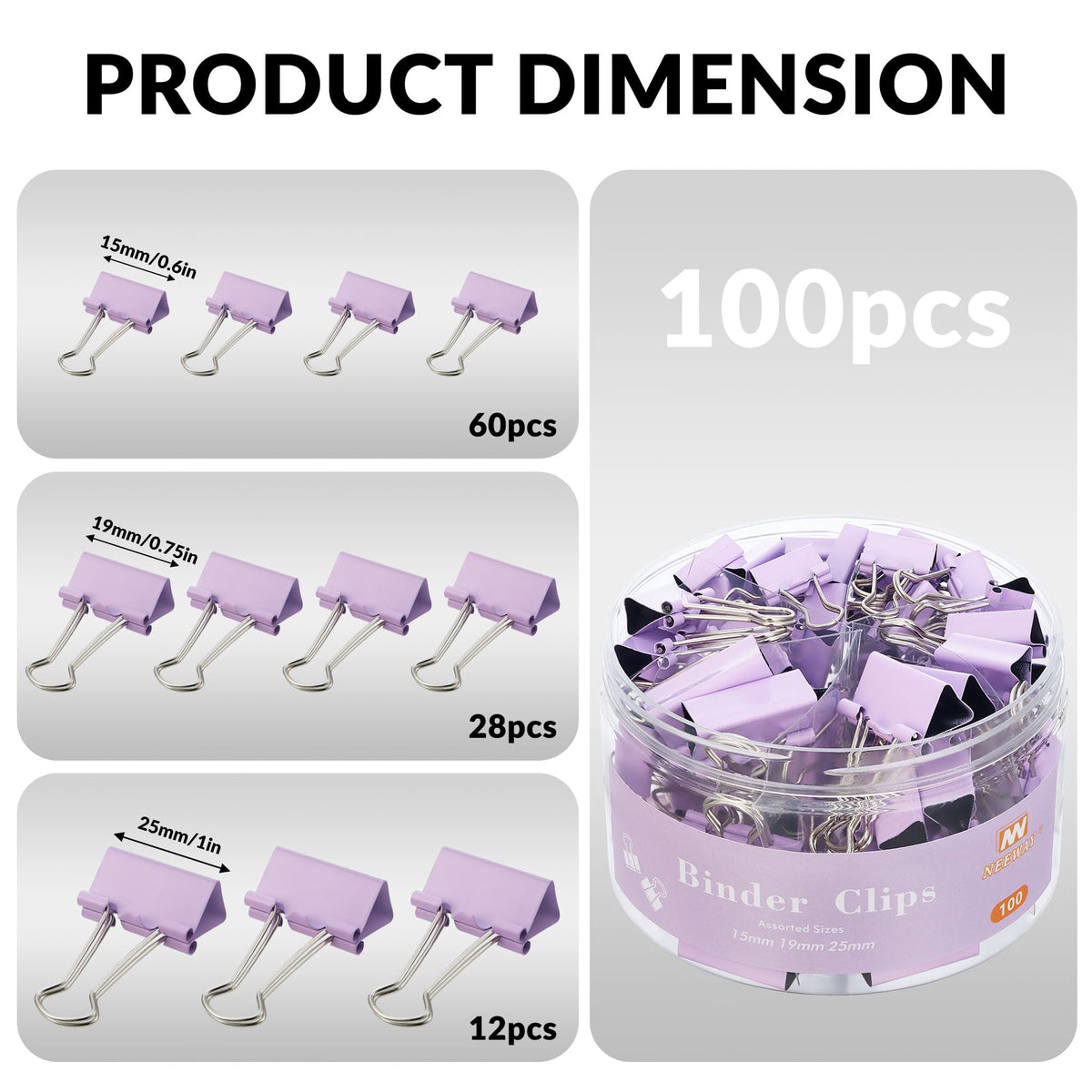 NEEWAY 100 Count Binder Clips Assorted Sizes, Paper Binder Clips (0.6inch 0.75inch 1inch), Metal