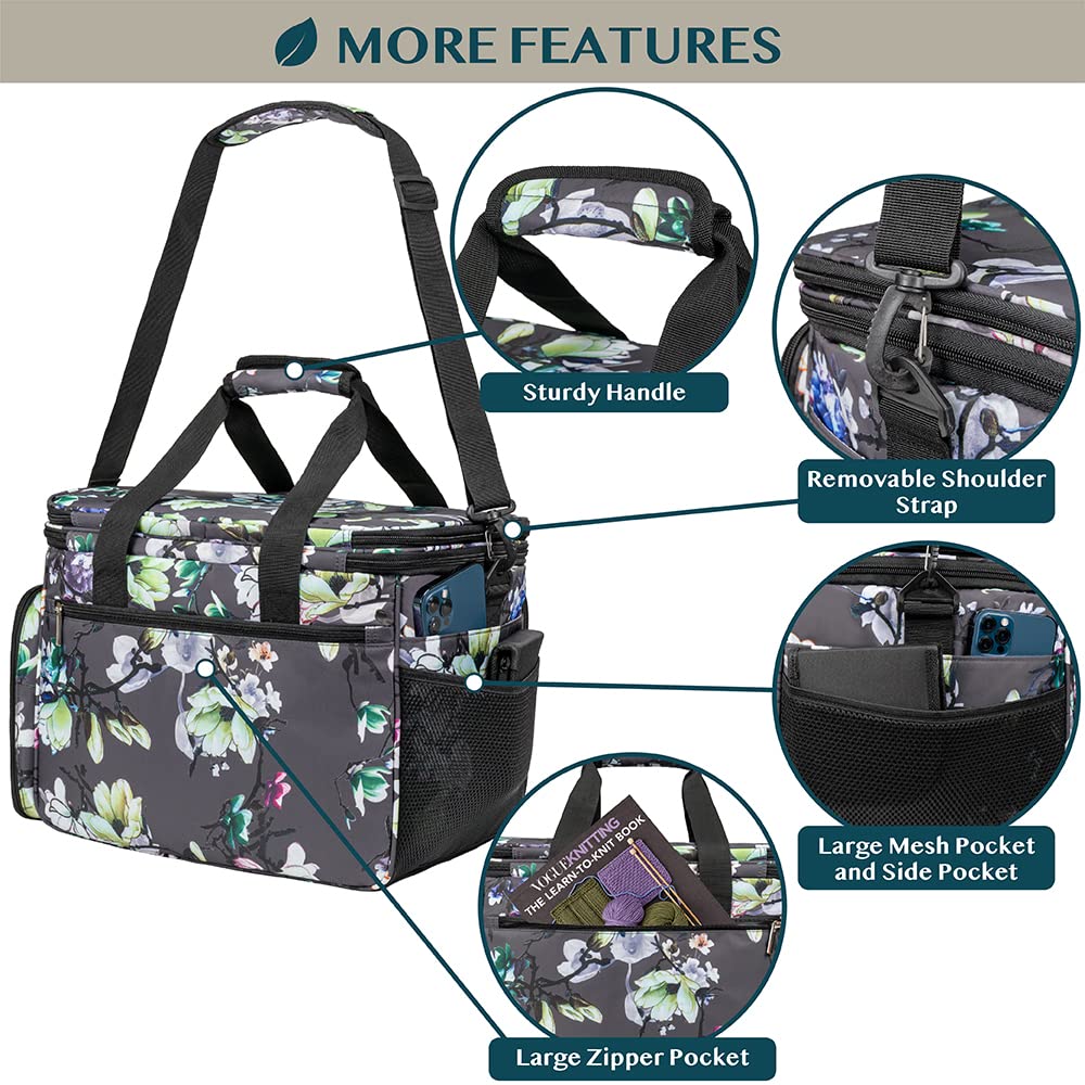 PAVILIA Knitting Yarn Storage Bag Crochet Knitter Organizer, Floral Grey