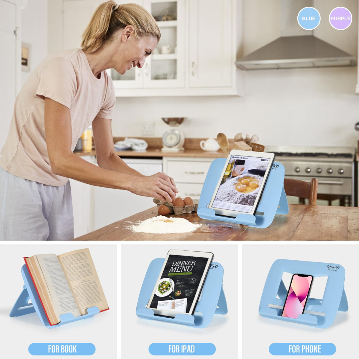 2Pack Book Stand - Waterproof Book Holder, Lightweight, Hands Free (Blue+Purple, 11.82" * 8.26")