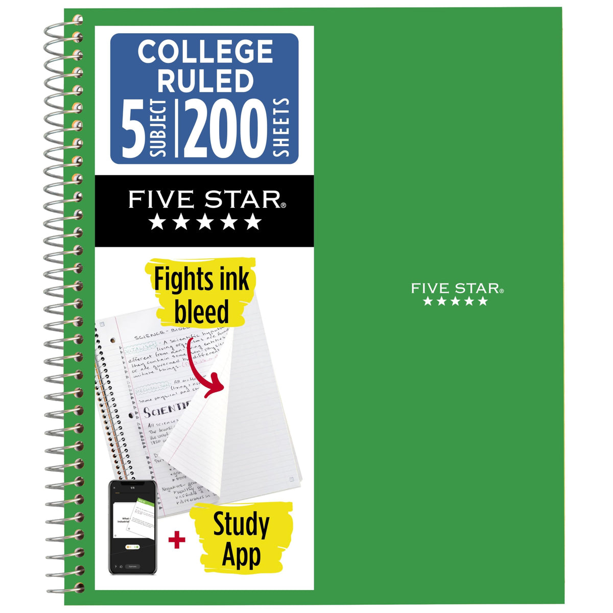 Five Star Spiral Notebook + Study App, 5 Subject, College Ruled Paper, 8.5" x 11", 200 Sheets