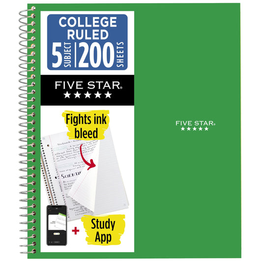 Five Star Spiral Notebook + Study App, 5 Subject, College Ruled Paper, 8.5" x 11", 200 Sheets