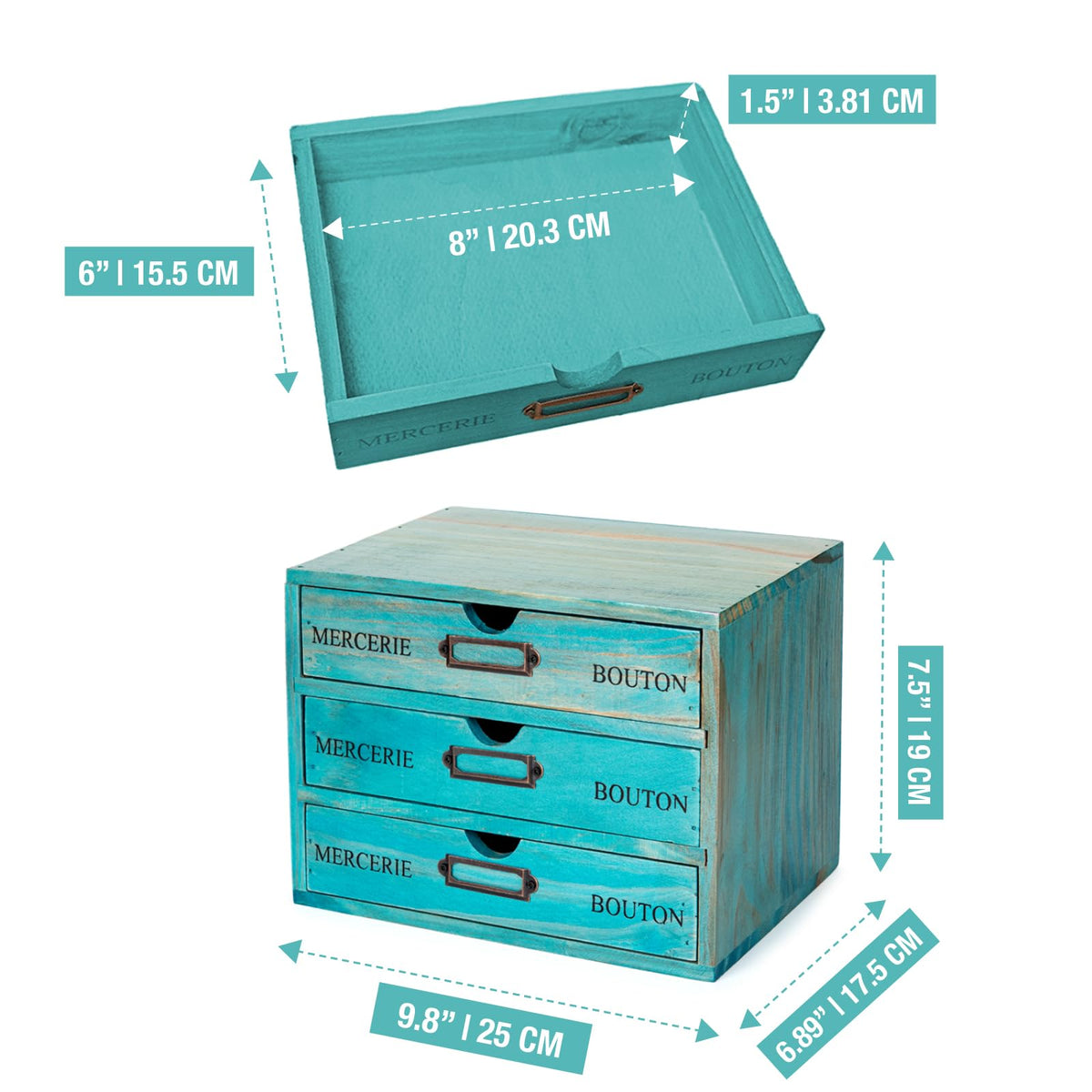 Turquoise 3-Tier Drawer Unit - European Country Style Desk Organizer Box - 9.7x7x7.5" Wooden Teal