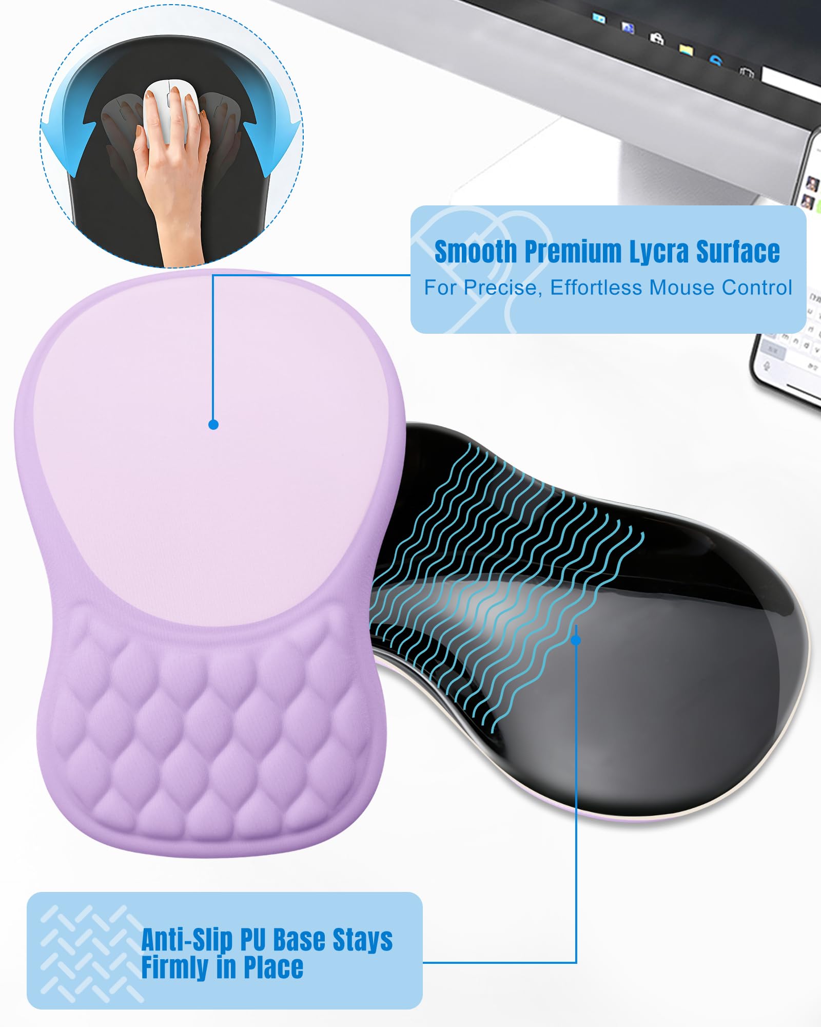 Ergonomic Mouse Pad with Sloped Memory Foam Wrist Rest, Purple&Grey