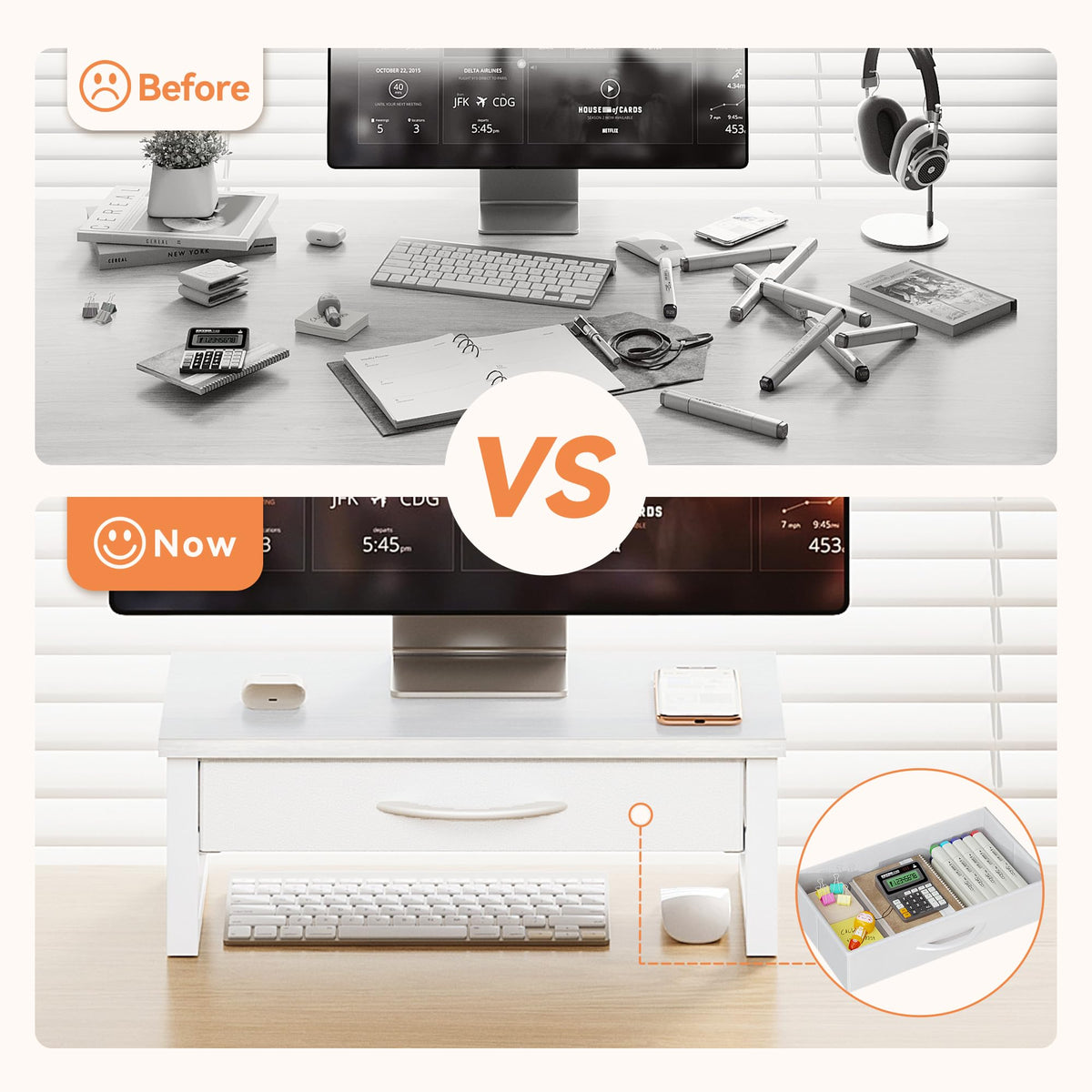 HEWORLIF Desk Organizers and Accessories, Computer Monitor Stand Riser with Drawer, White Laptop