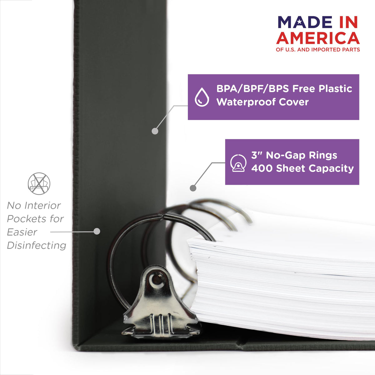 Carstens 3-Inch Heavy Duty 3-Ring Binder - Side Opening, Charcoal Gray, Durable Plastic, Precision