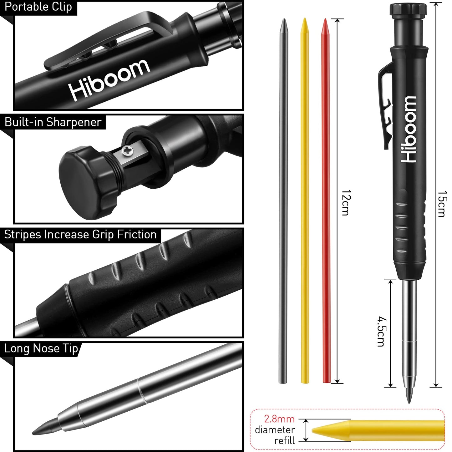 Hiboom 5 Pcs Mechanical Carpenter Pencil, Orange, Red, Green, Blue, Black