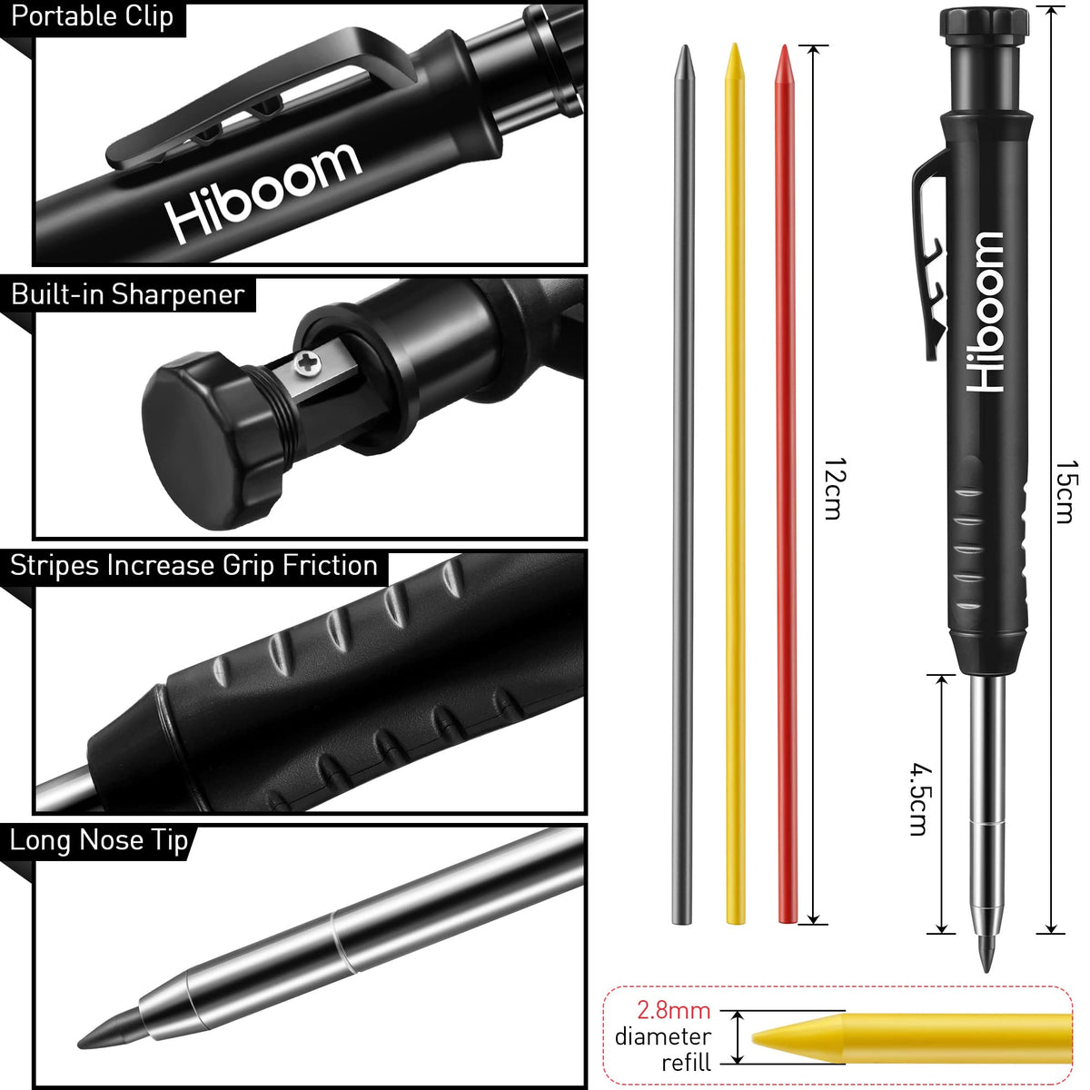 Hiboom 5 Pcs Mechanical Carpenter Pencil, Orange, Red, Green, Blue, Black