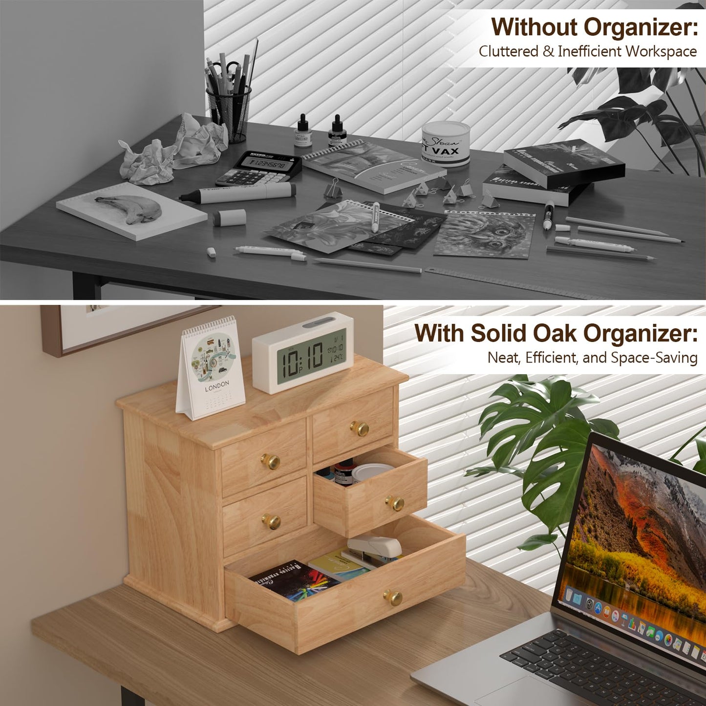 Oak Desk Organizer with Drawers, Durable Wooden Desktop Storage Box