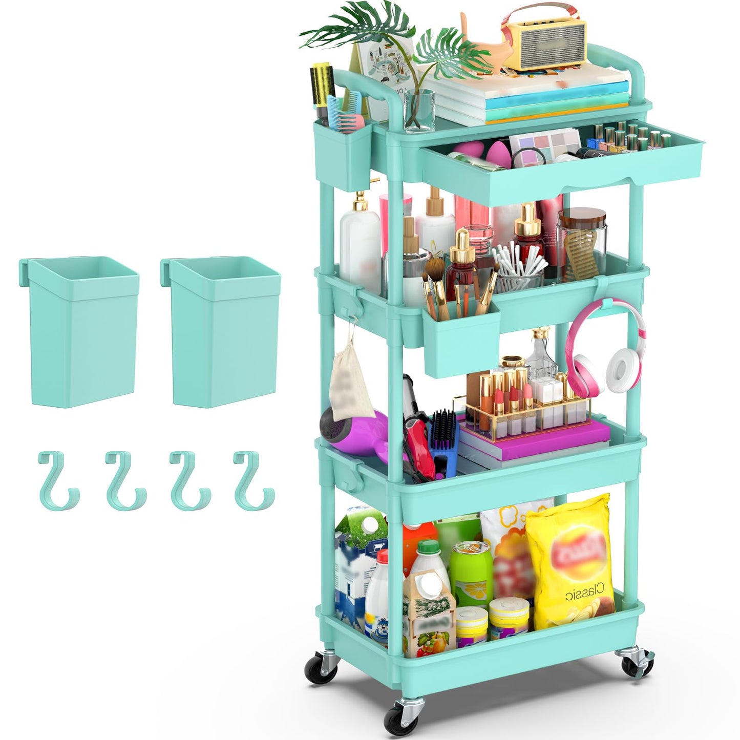 Goovilla 4 Tier Rolling Utility Cart Organizer with Removable Drawer, Blue