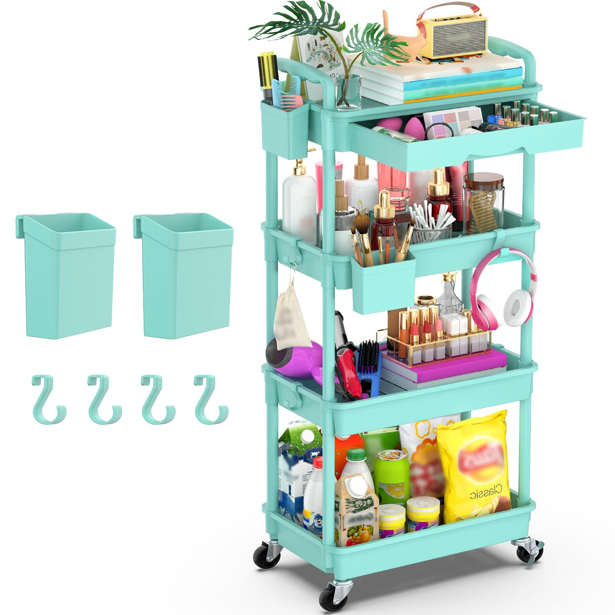 Goovilla 4 Tier Rolling Utility Cart Organizer with Removable Drawer, Blue
