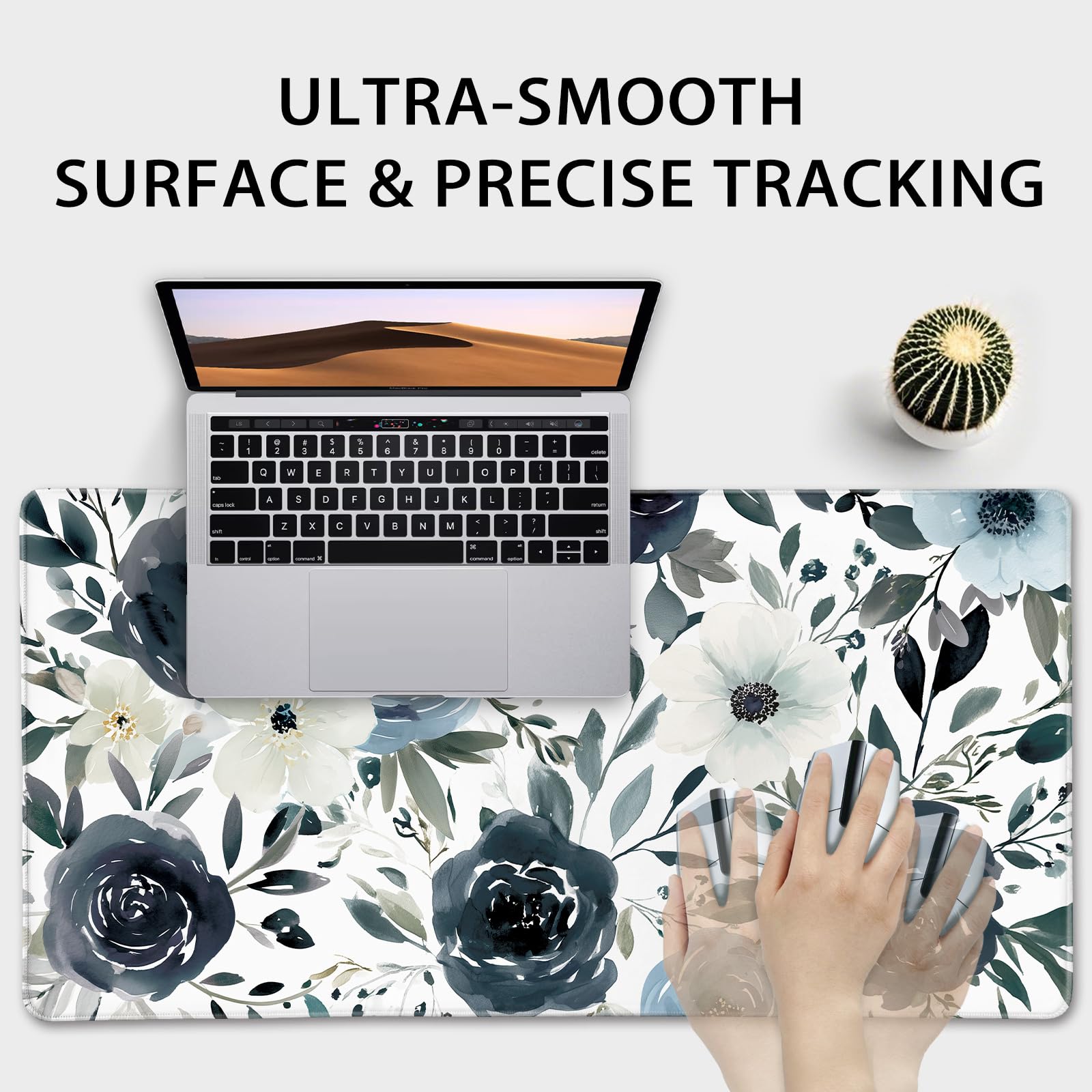 Mcapirivo Navy Blue White Floral Large Gaming Mouse Pad Desk Mat 31.5x15.7
