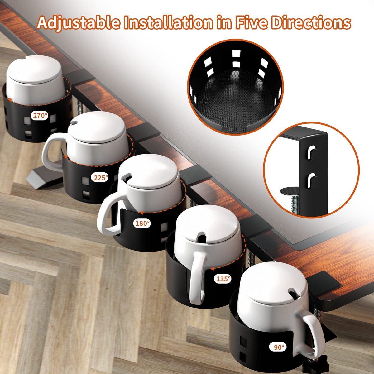 OOKUU Anti-Spill Large Desk Cup Holder Clamp, Metal Table Cup Holder(Black)