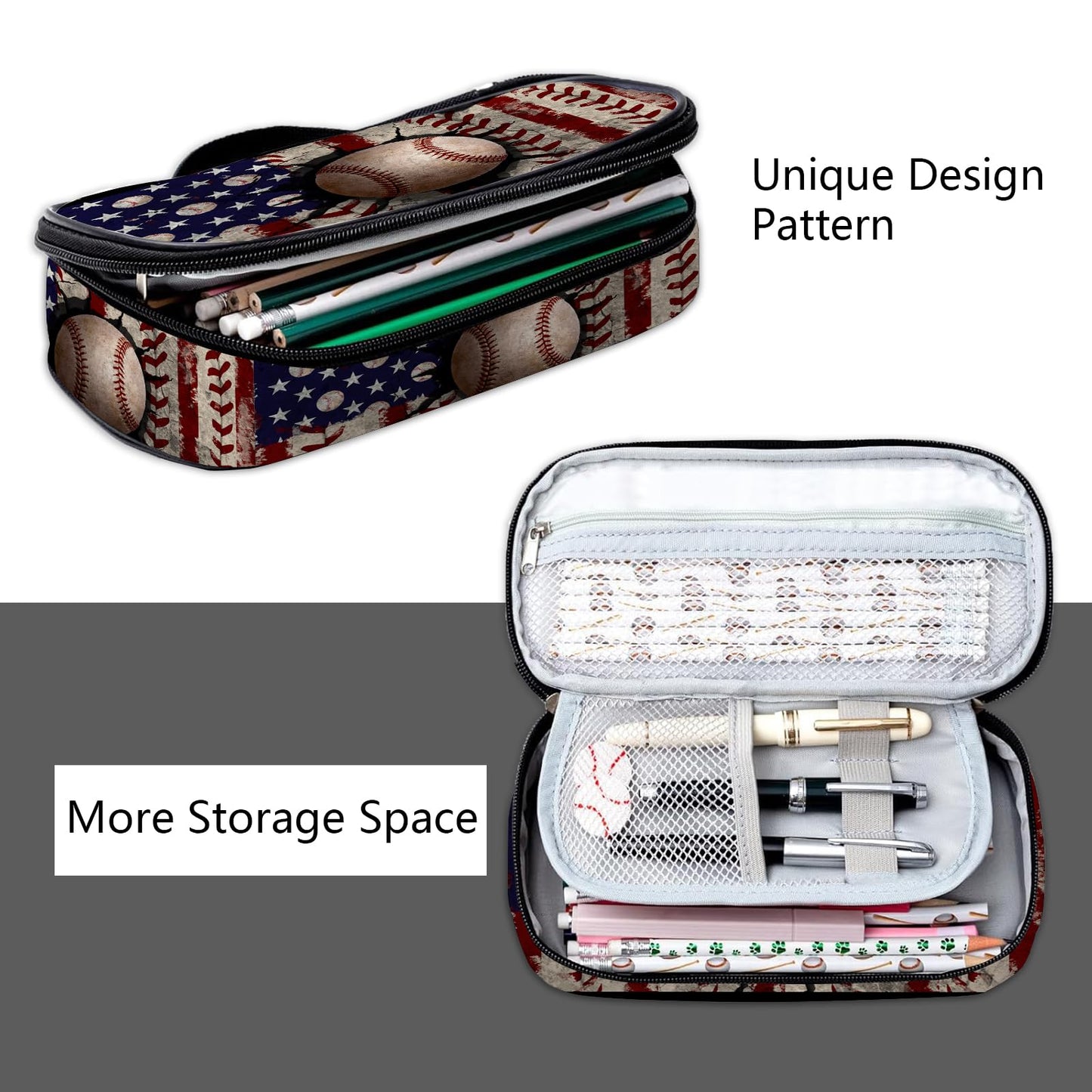 ROVOZAR Baseball Pencil Case, American Flag Baseball Pencil Box for Kids Pen Bag, Large Capacity