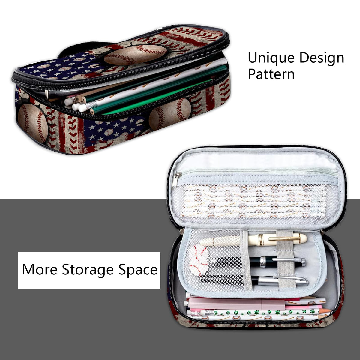 ROVOZAR Baseball Pencil Case, American Flag Baseball Pencil Box for Kids Pen Bag, Large Capacity