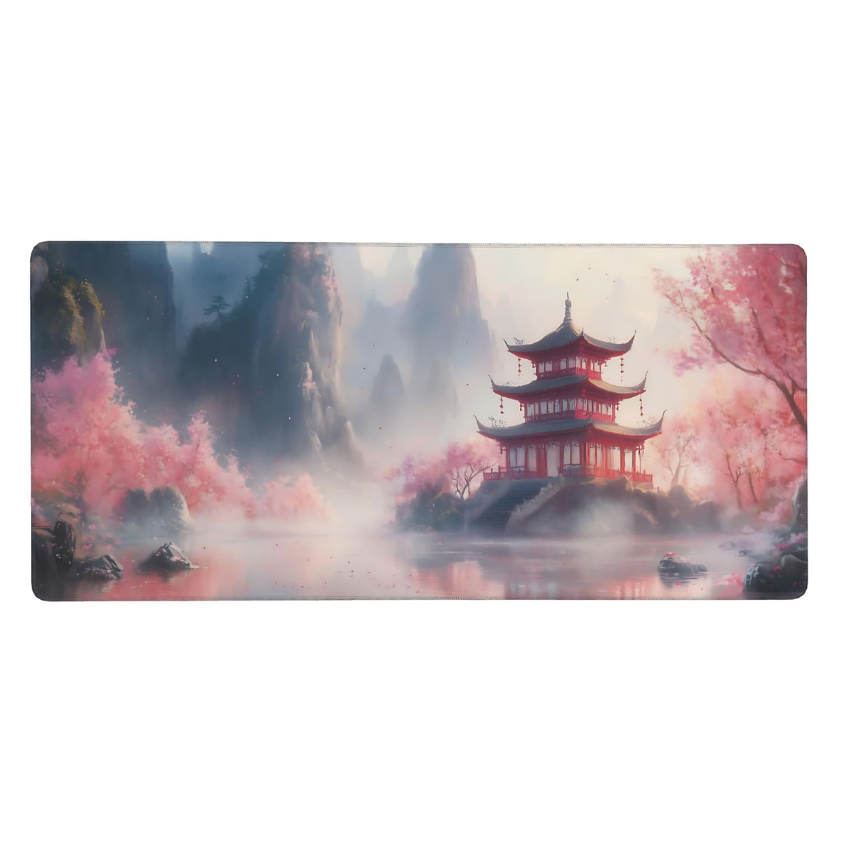 Aesthetic Scenery Gaming Mouse Pad, Pink Japanese Desk Mat with Anti-Slip Base & Stitched