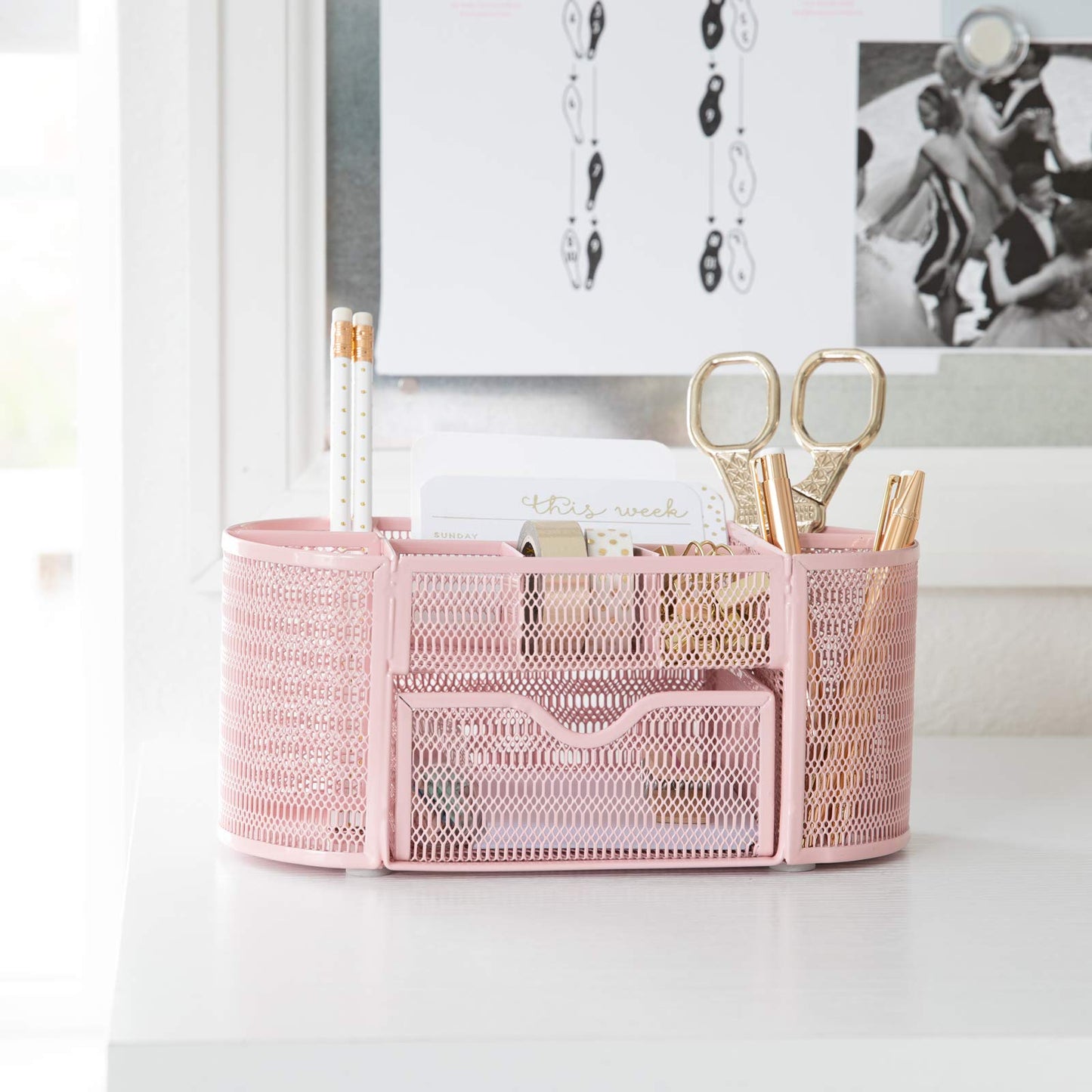 BLU MONACO | Pink Desk Organizers Metal Mesh Stationery Holder | Wire Mesh Desk Organizer with