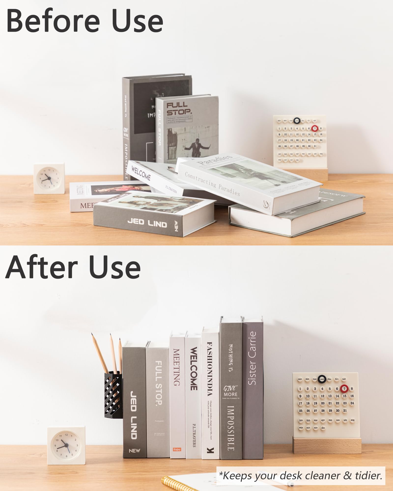 Kingsmile Book Ends, Adjustable Heavy Duty Metal Book Stoppers with Pen Holder for Desk Office