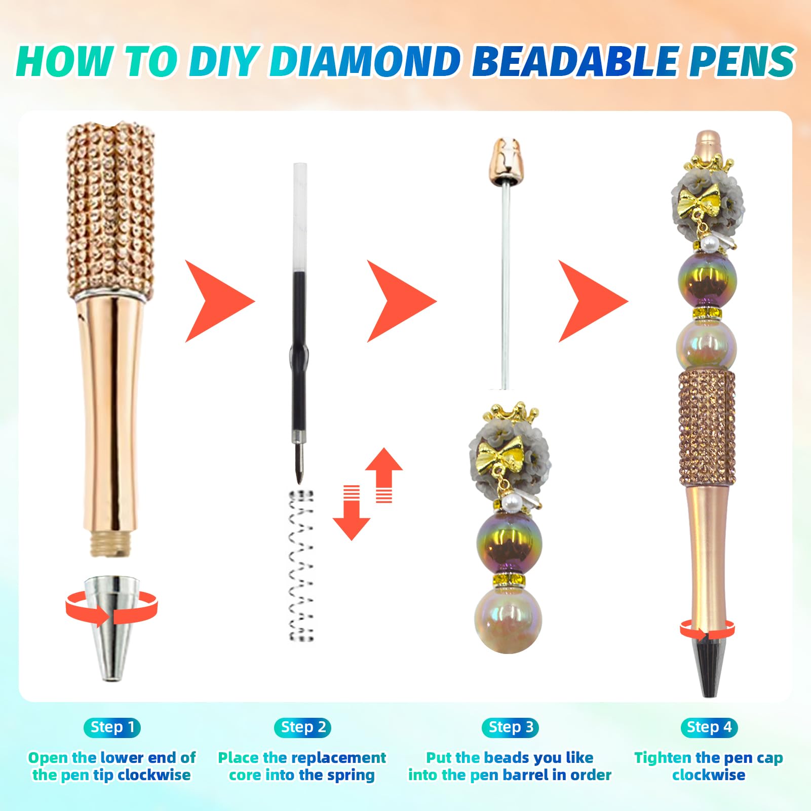 DASTTUIS 150 Pcs DIY Diamond Beadable Pen Kit - 50 Plastic Rhinestone Beaded Pens Bulk with Refills