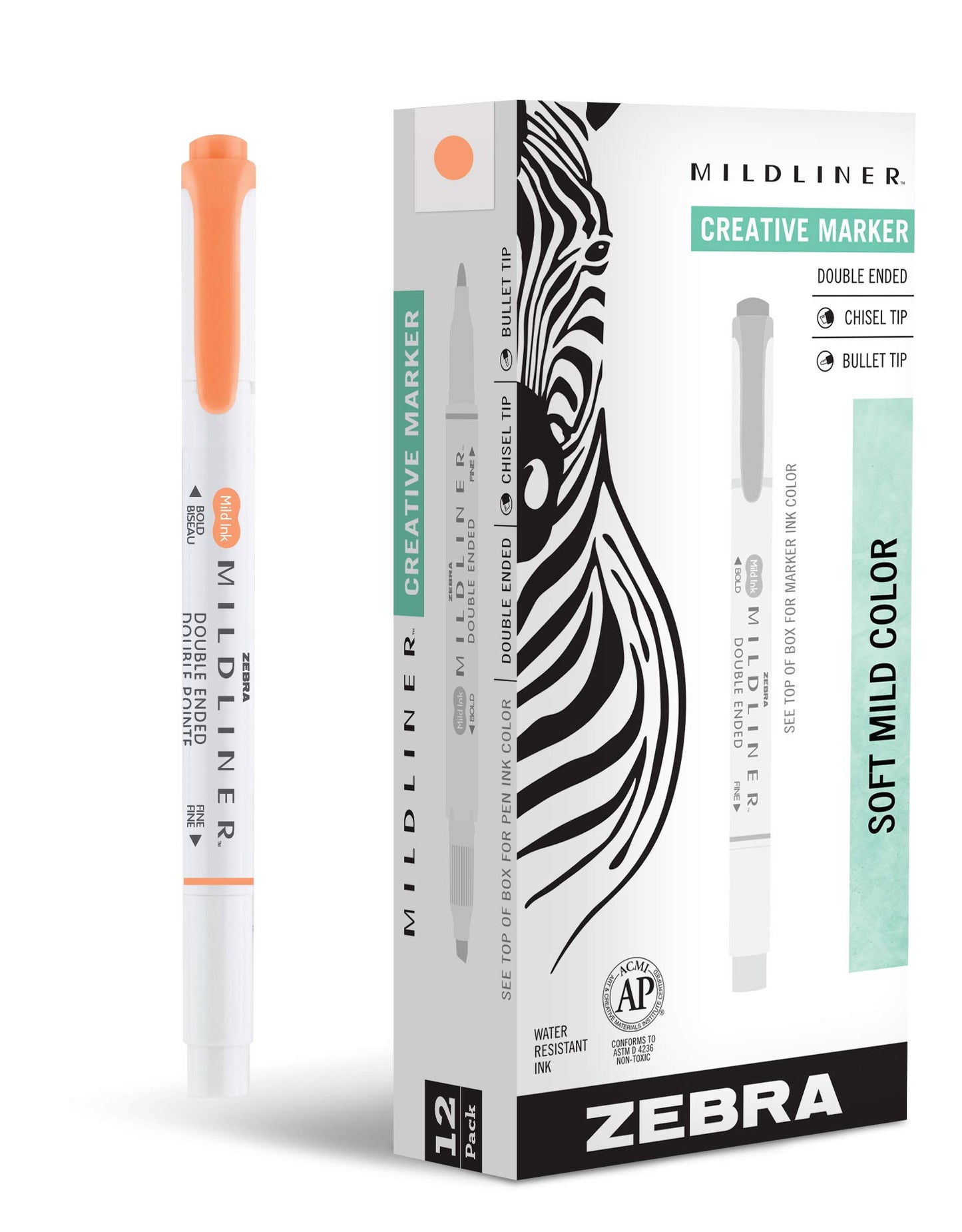 Zebra Pen MILDLINER No Bleed Highlighter, Apricot Color, Dual Tip, 12-Pack