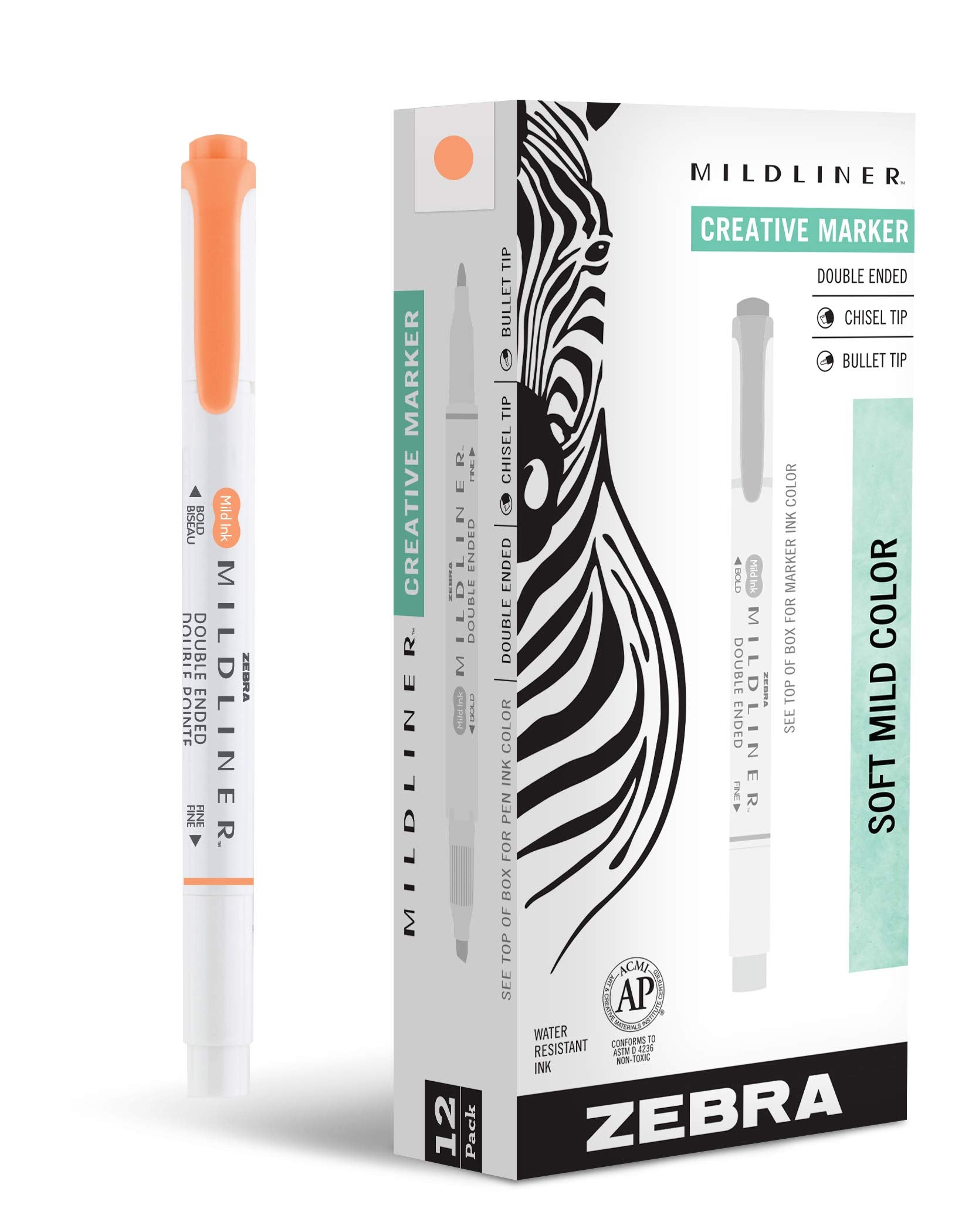 Zebra Pen MILDLINER No Bleed Highlighter, Apricot Color, Dual Tip, 12-Pack