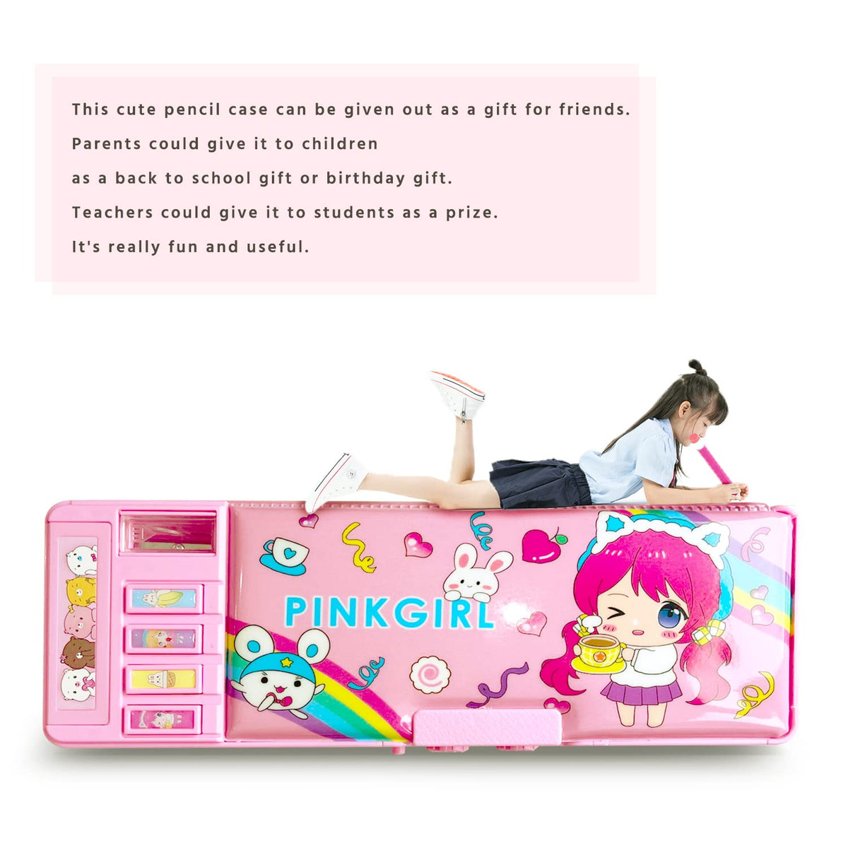 LilyBeauty 【2Pack】 Pop Up Multifunction Pencil Case for Girls, Cute Cartoon Pen Box With Locks