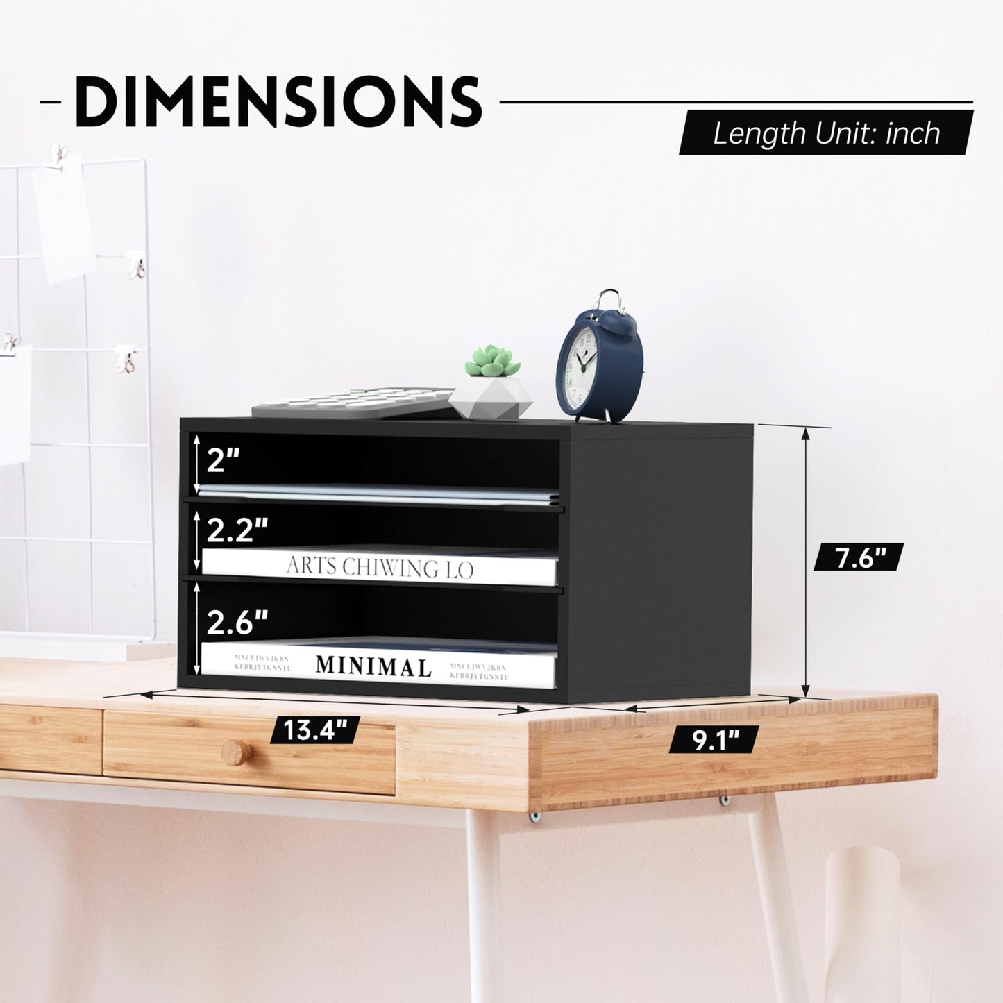3 Tier Wood Desk Organizer, Mail Sorter and Paper Organizer for Desk, Black