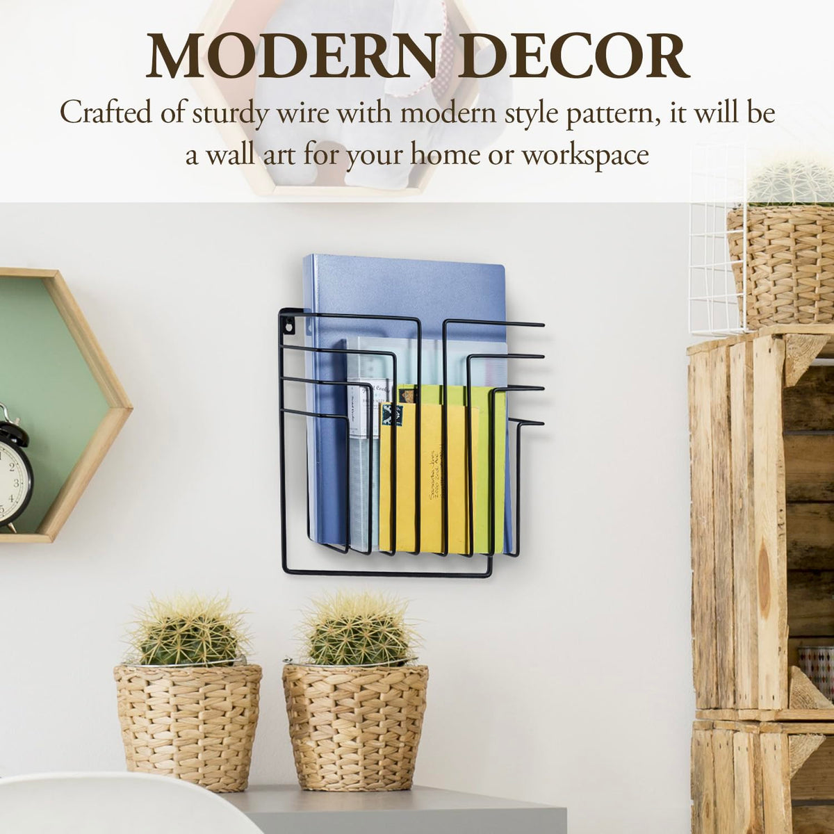 MyGift 11 Inch Modern Art Deco Black Metal Wire Floating Magazine Rack and File Folder Holder, Wall