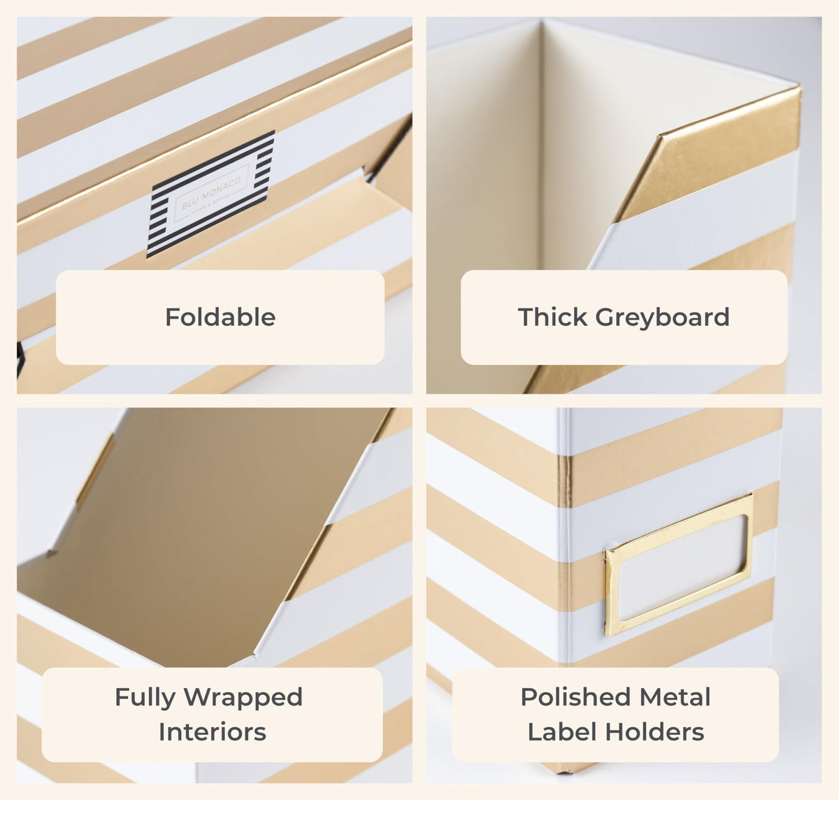 BLU MONACO | Cardboard Magazine File Holder Set of 4 Gold White Stripes | Vertical Magazine File