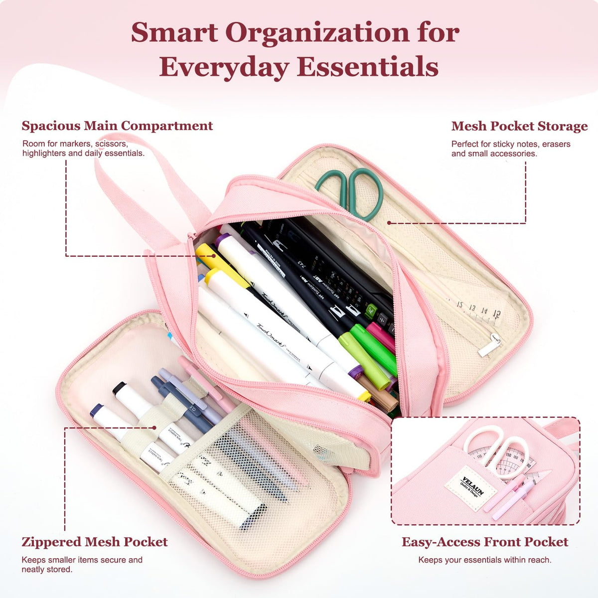 VELAUN Pencil Case Pouch, Large Capacity Pencil Box Bag, Aesthetic Pen Organizer for School