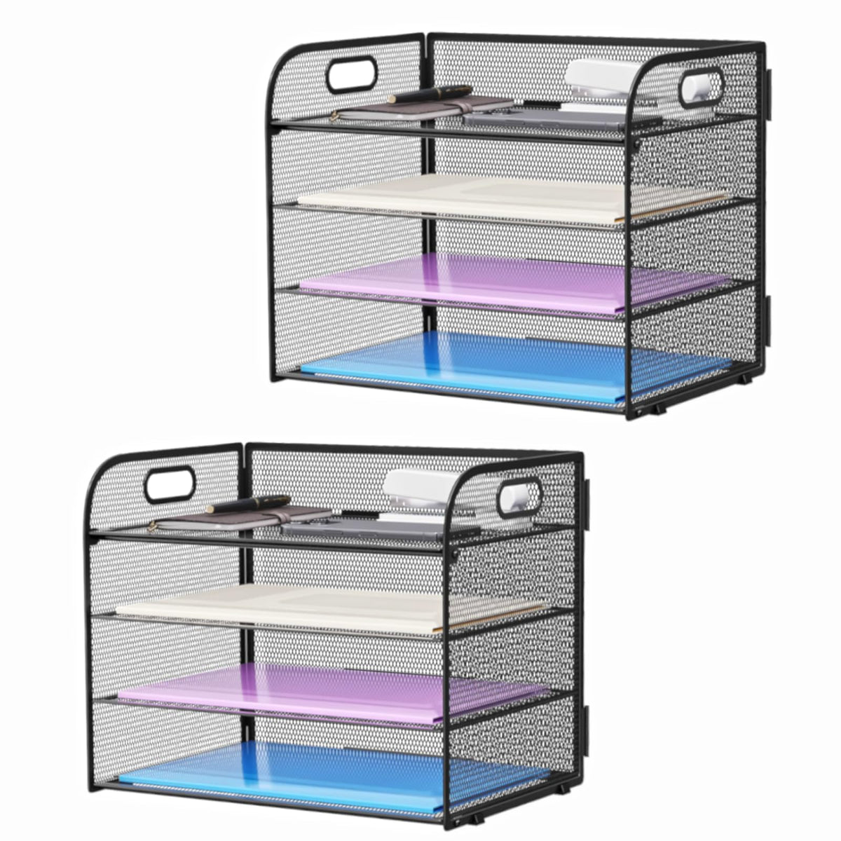 Marbrasse 2 Pack 4 Tier Paper Organizer Letter Tray - Mesh Desk File Organizer with Handle, Paper