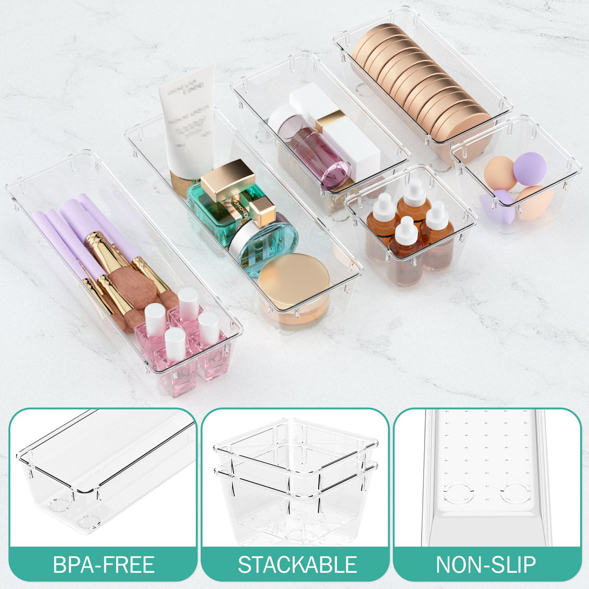 12 Pack Clear Drawer Organizer Set, Drawer Storage Trays, Storage Bins