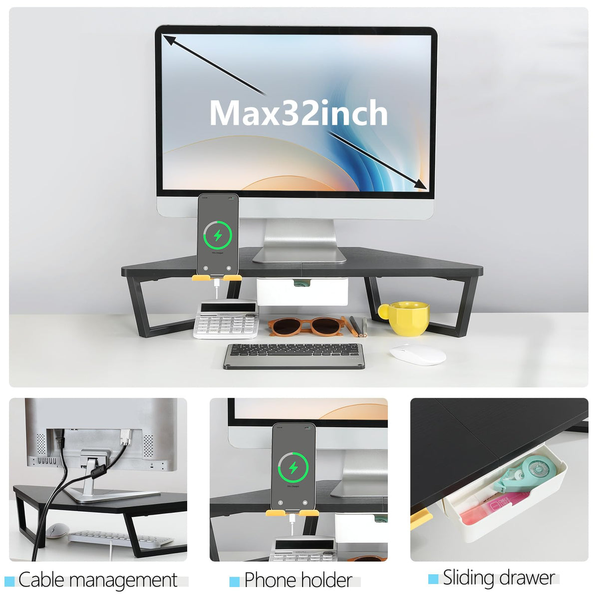 TEAMIX Corner Monitor Stand with Drawer and Phone Holder, 26x12.6x5.3in