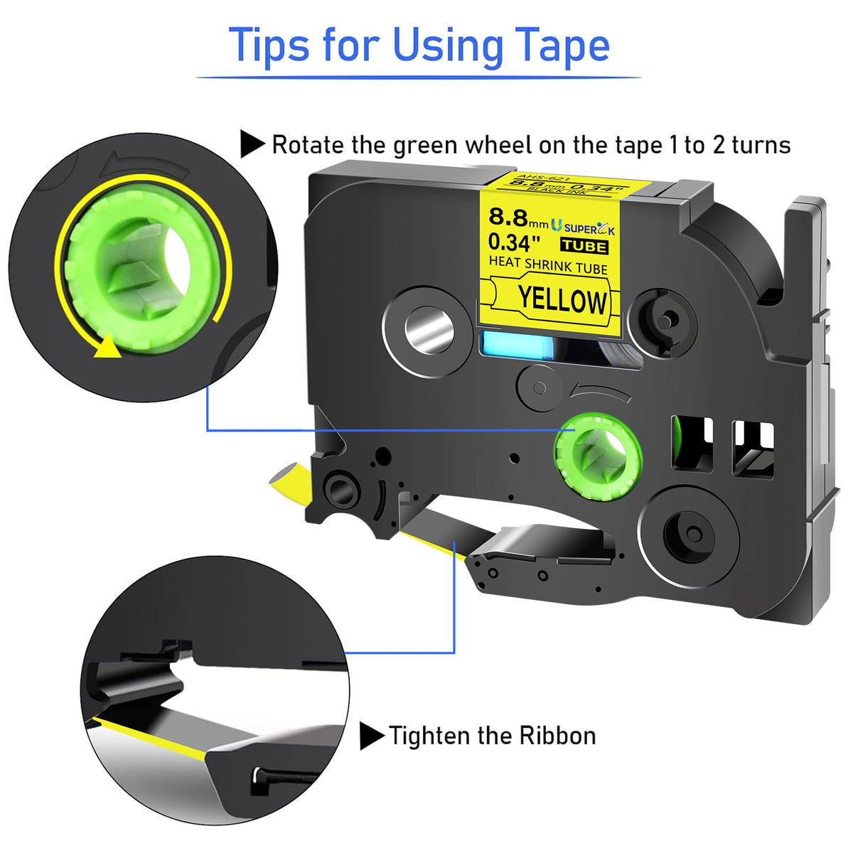 USUPERINK 2PK Compatible for Ptouch HSe-621 HSe621 HS-621 HS621 Black on Yellow 8.8mm 0.34'' Heat