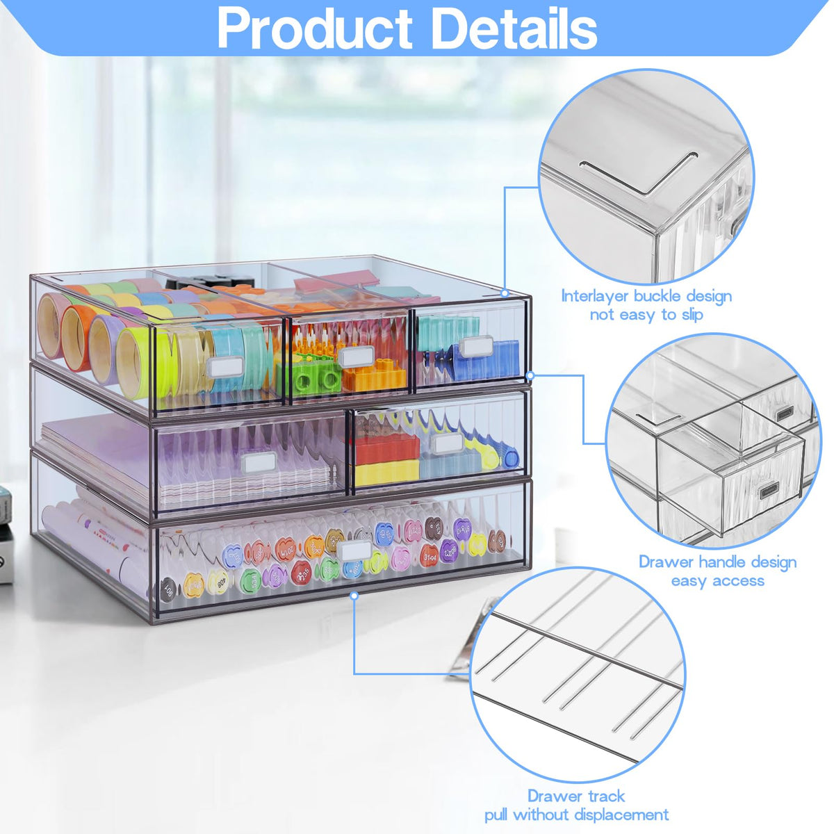 3 Tier Stackable Desk Organizer with 6 Drawers, YOCOMEY Plastic Desktop Storage Box Drawers