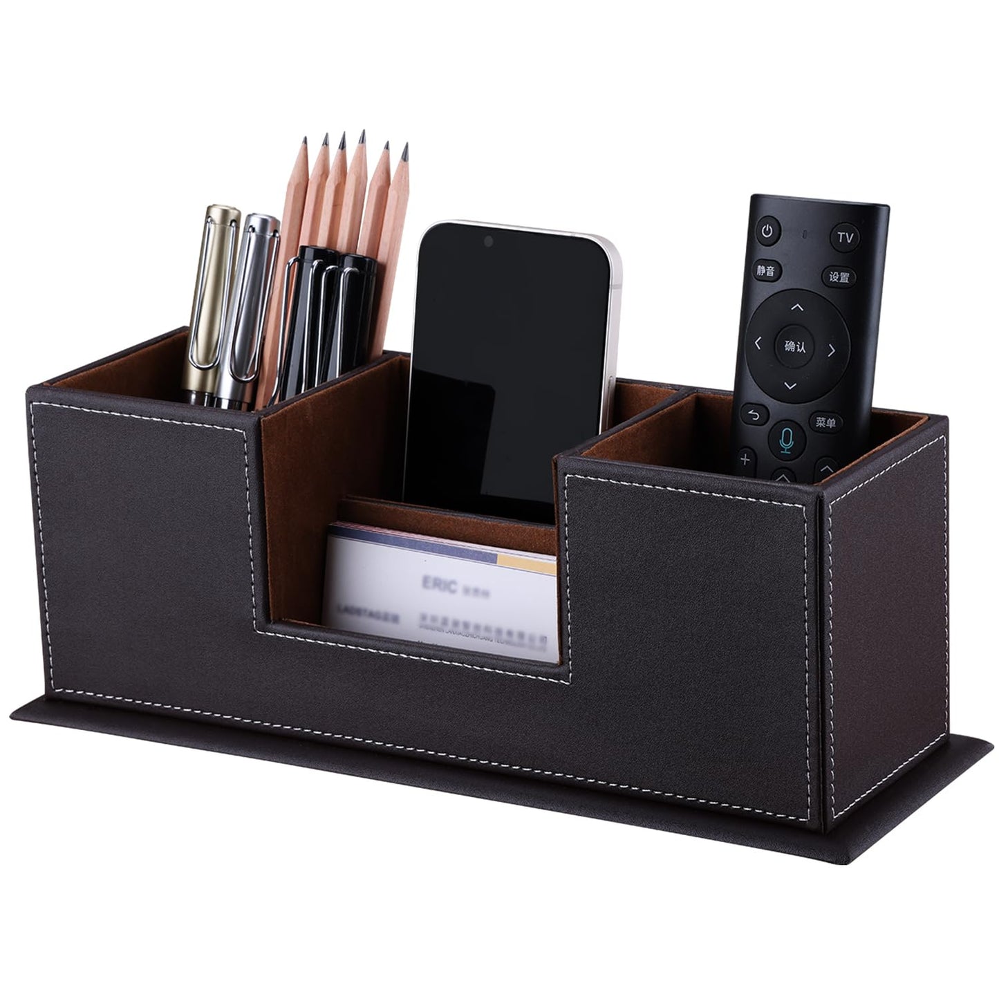 KINGFOM™ Double Holder Wood Leather Multi-Function Desk Stationery Organizer Dark Brown