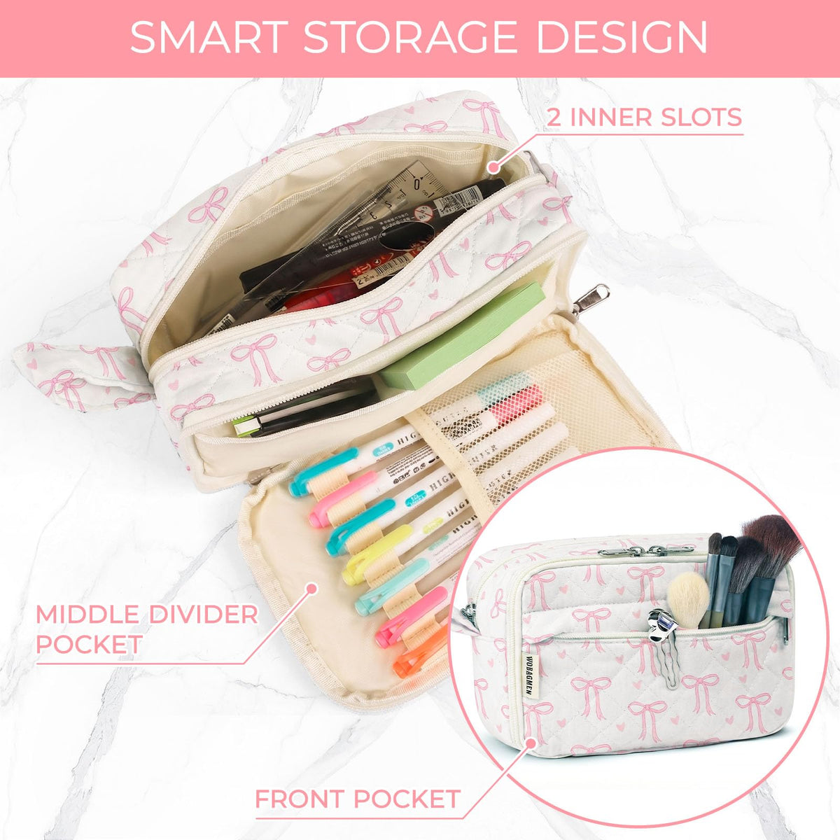 WOBAGMEN Quilted Pencil Pouch for Girls Women, Large Pencil Case Pouch with Compartments Cute