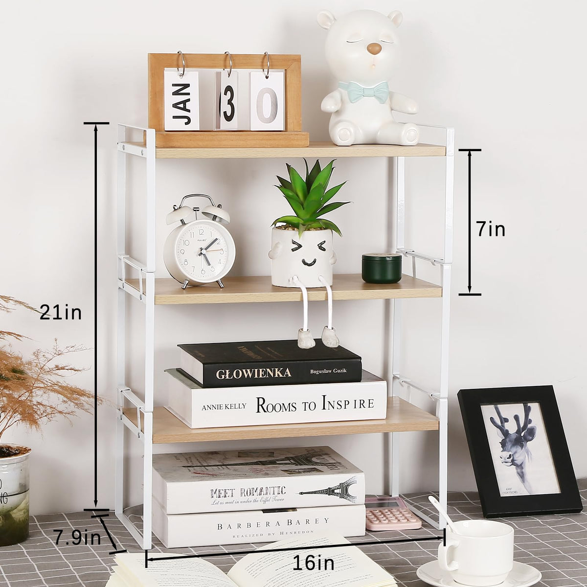 YGYQZ Desk Shelf Organizer for Top of Desk, 3-Tier Desktop Bookshelf, White & Wood