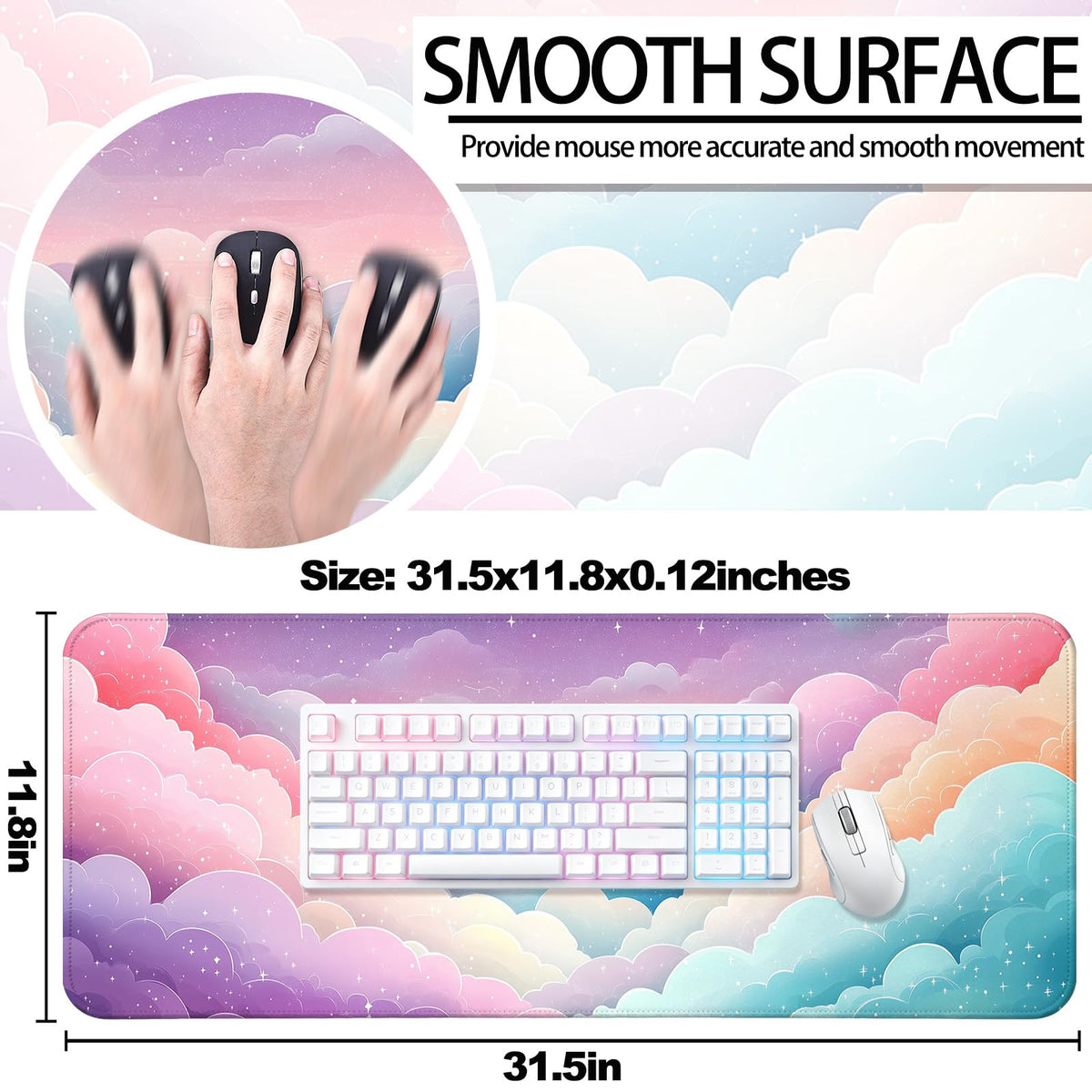 JIANG100 Dreamy Colorful Cloud Star Gaming Desk Mat & Large Mouse Pad, Pink
