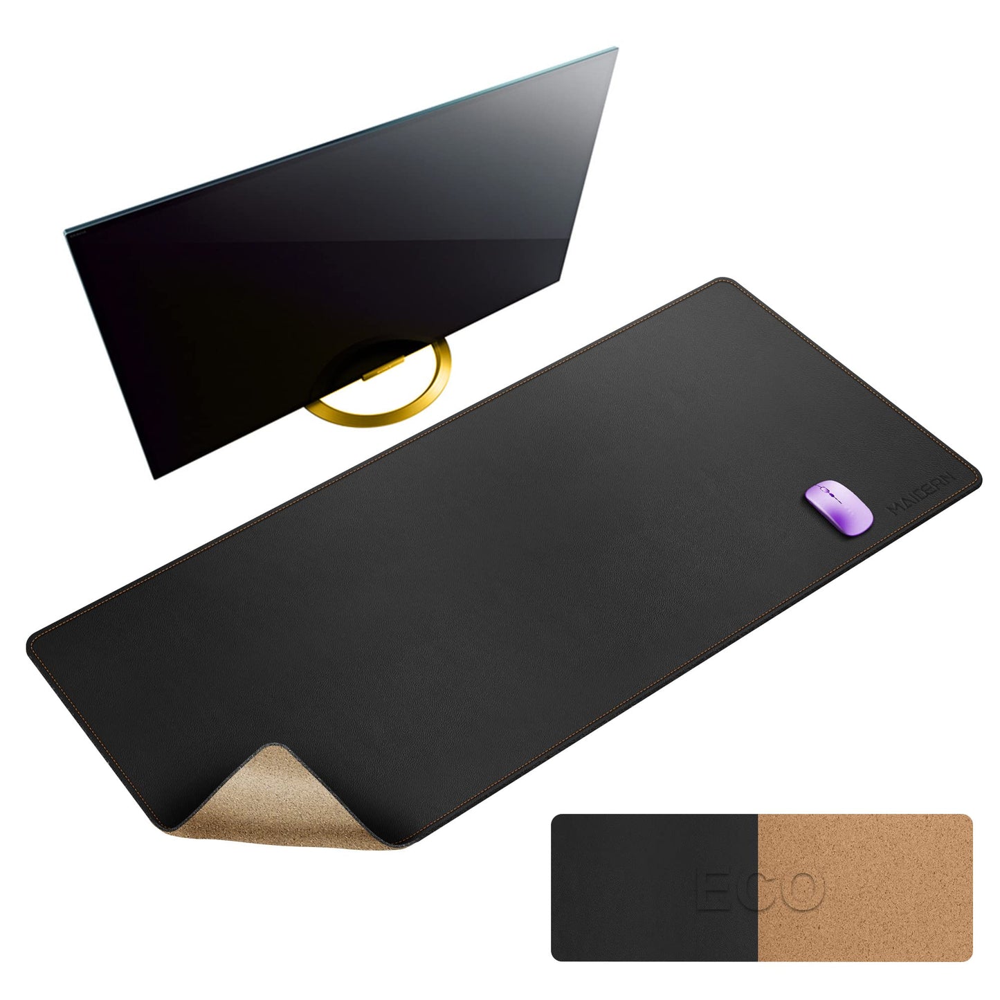 MAIDERN 47.2" x 23.6" XXL Cork & Leather Desk Mat, Reversible Full Desk Mouse Pad Protector (Black)