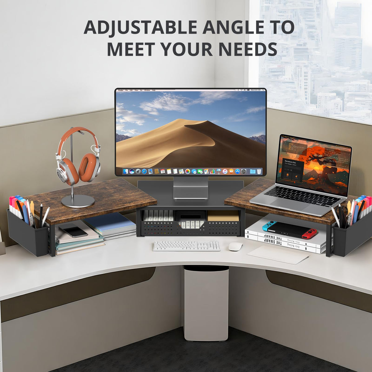 OPNICE Desk Organizers and Accessories, Dual Monitor Stand Riser with Drawer and 2 Pen Holders