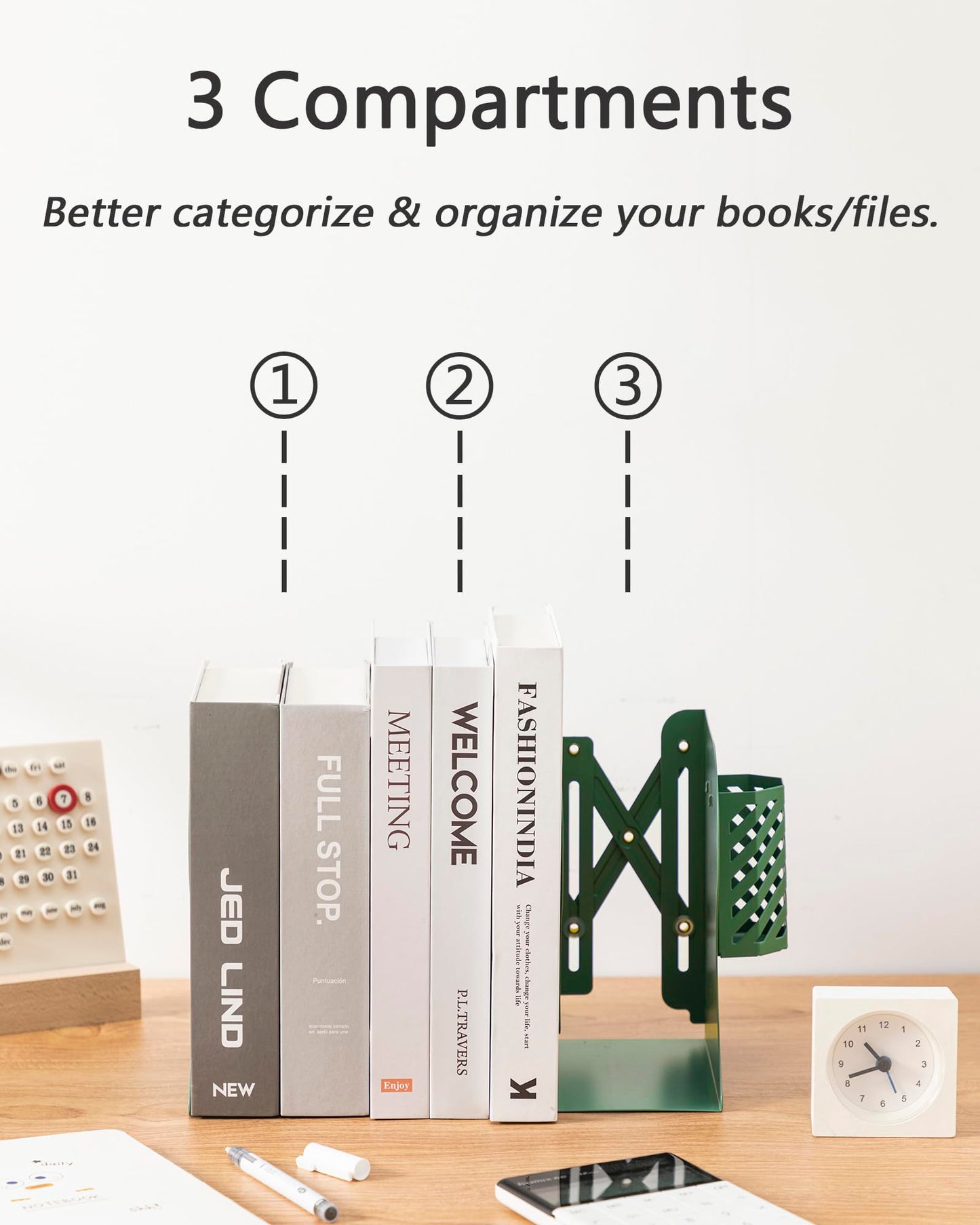 Kingsmile Book Ends, Adjustable Heavy Duty Metal Book Stoppers with Pen Holder for Desk Office