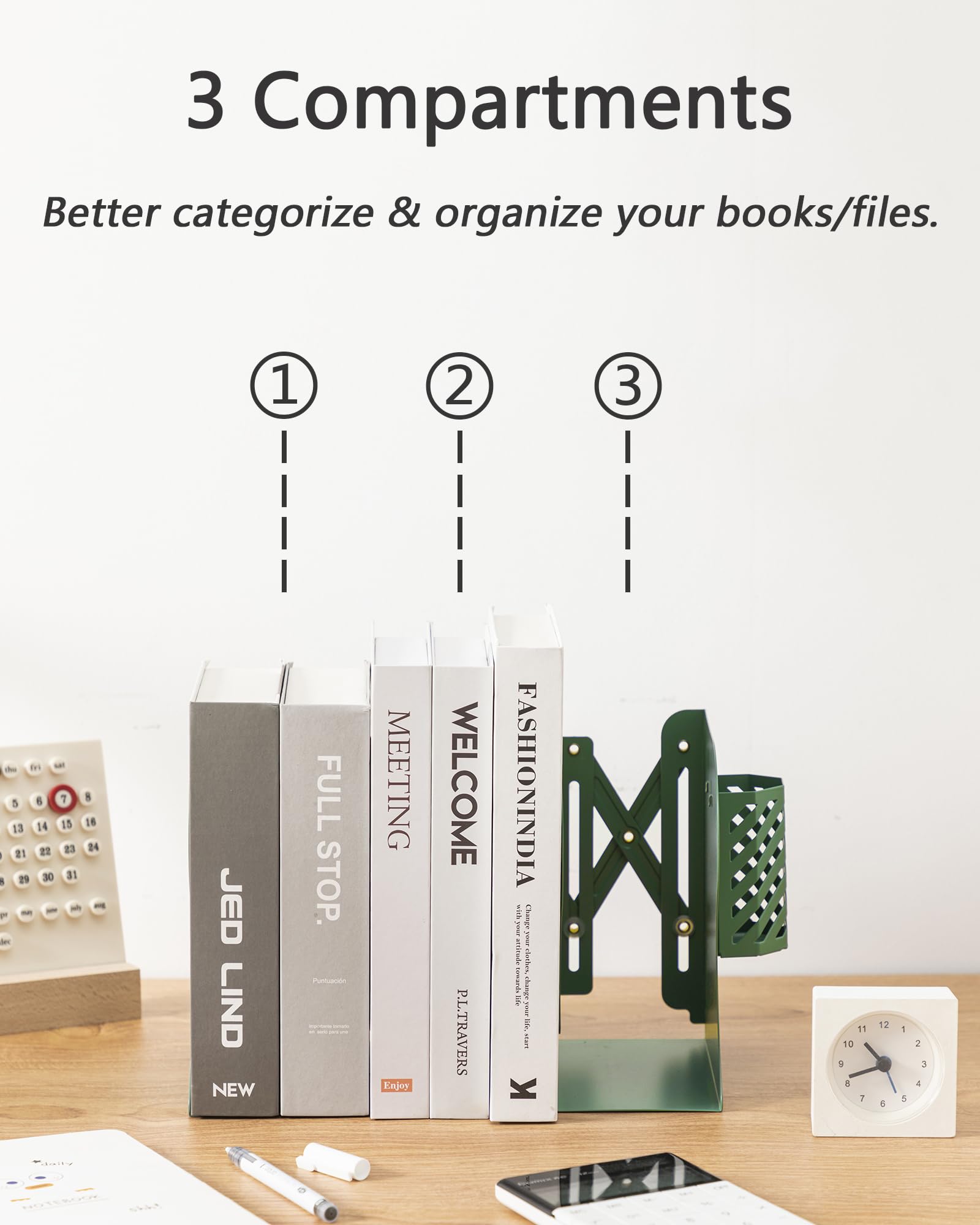 Kingsmile Book Ends, Adjustable Heavy Duty Metal Book Stoppers with Pen Holder for Desk Office