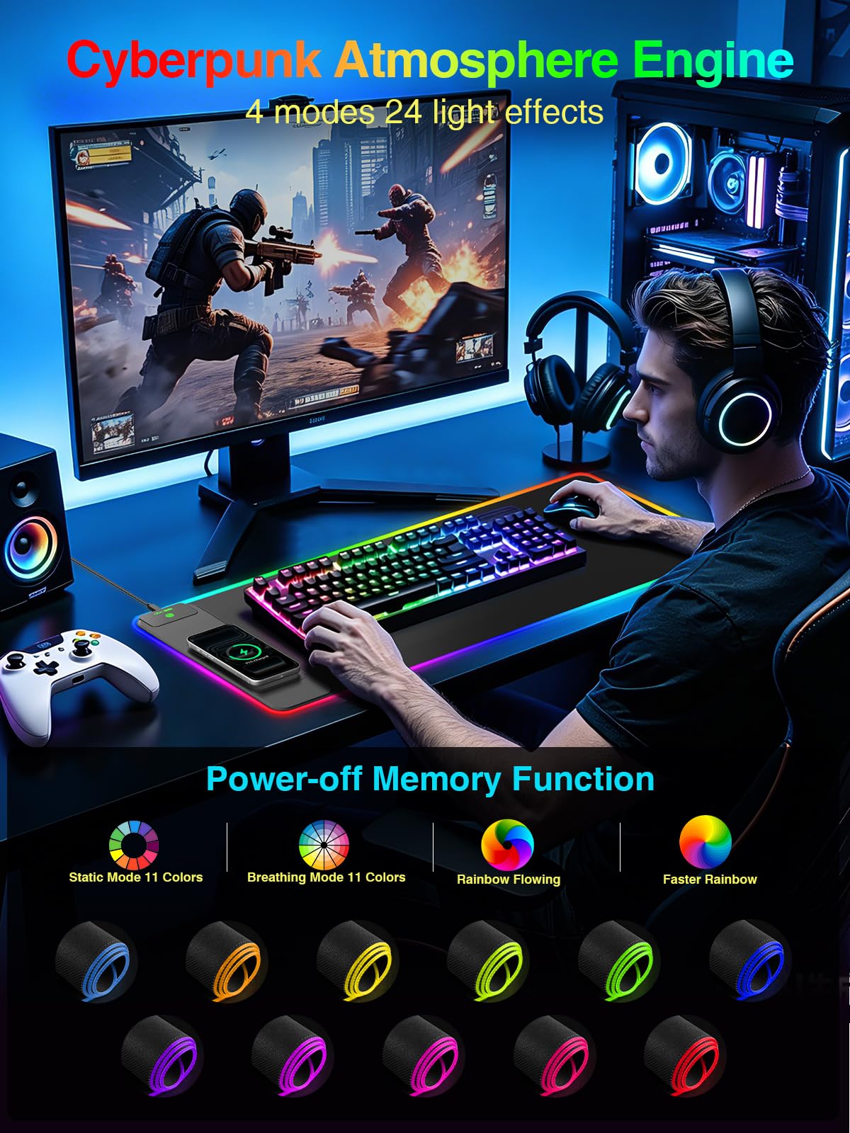 Wireless Charging Mouse Pad Gaming, 31.5"x11.8" Large Desk Mat, Waterproof